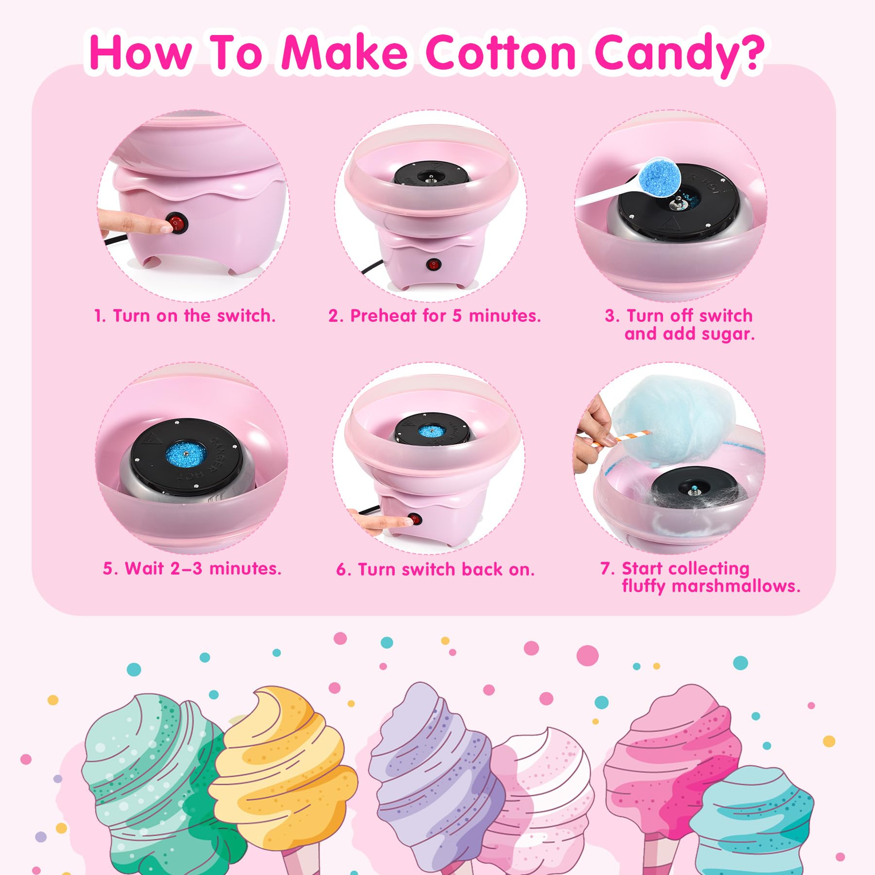 Pink Vintage Mini Cotton Candy Machine for Kids - Fun Home Candy Maker with 25 Sticks & Sugar Scoop - Perfect for Birthday Parties, Christmas Gifts & Family Gatherings