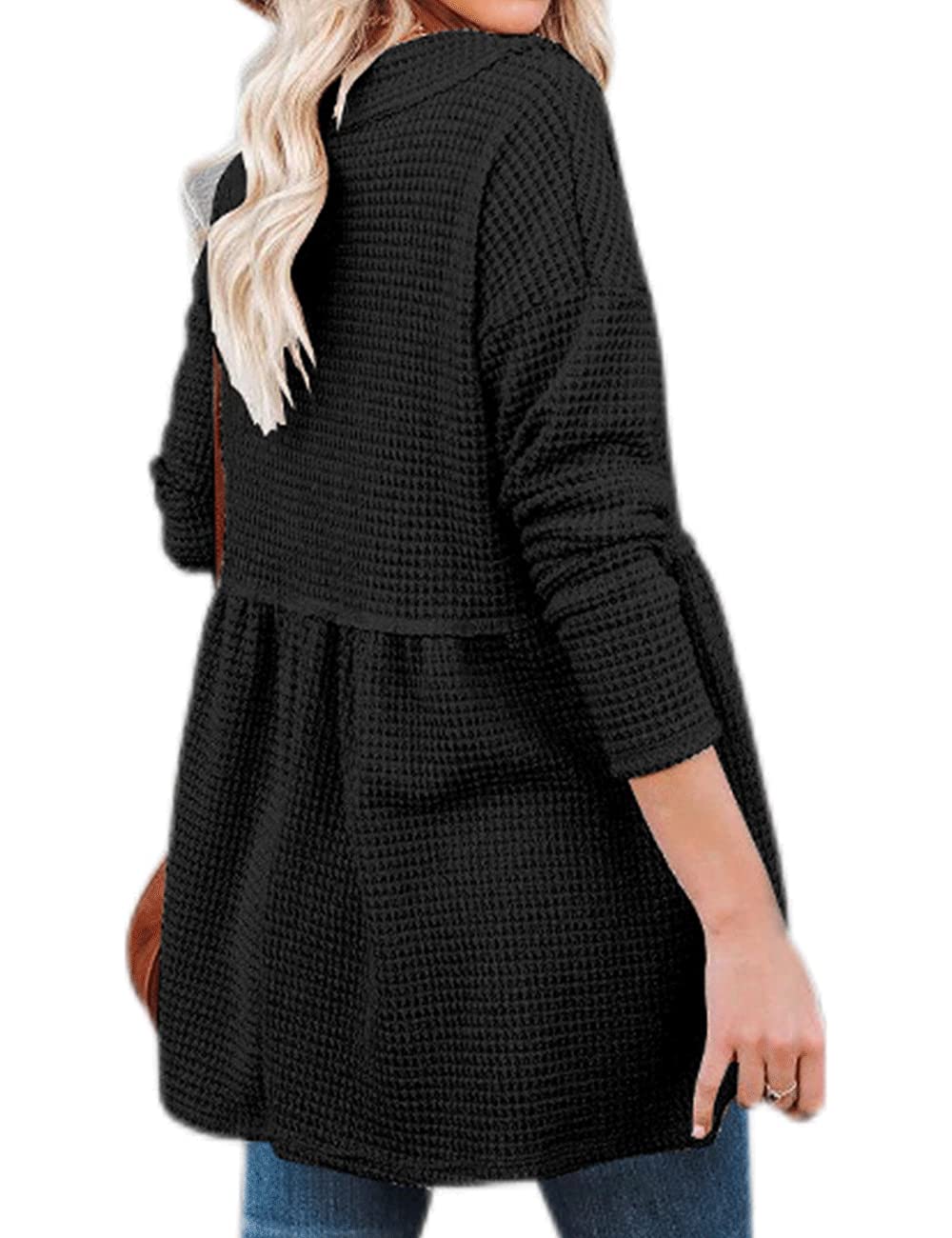 Women's V-Neck Waffle Knit Tunic Top - Long Sleeve Peplum Pullover Sweater - Casual Flowy Babydoll Swing Shirt for Work, Date Night & Everyday Wear