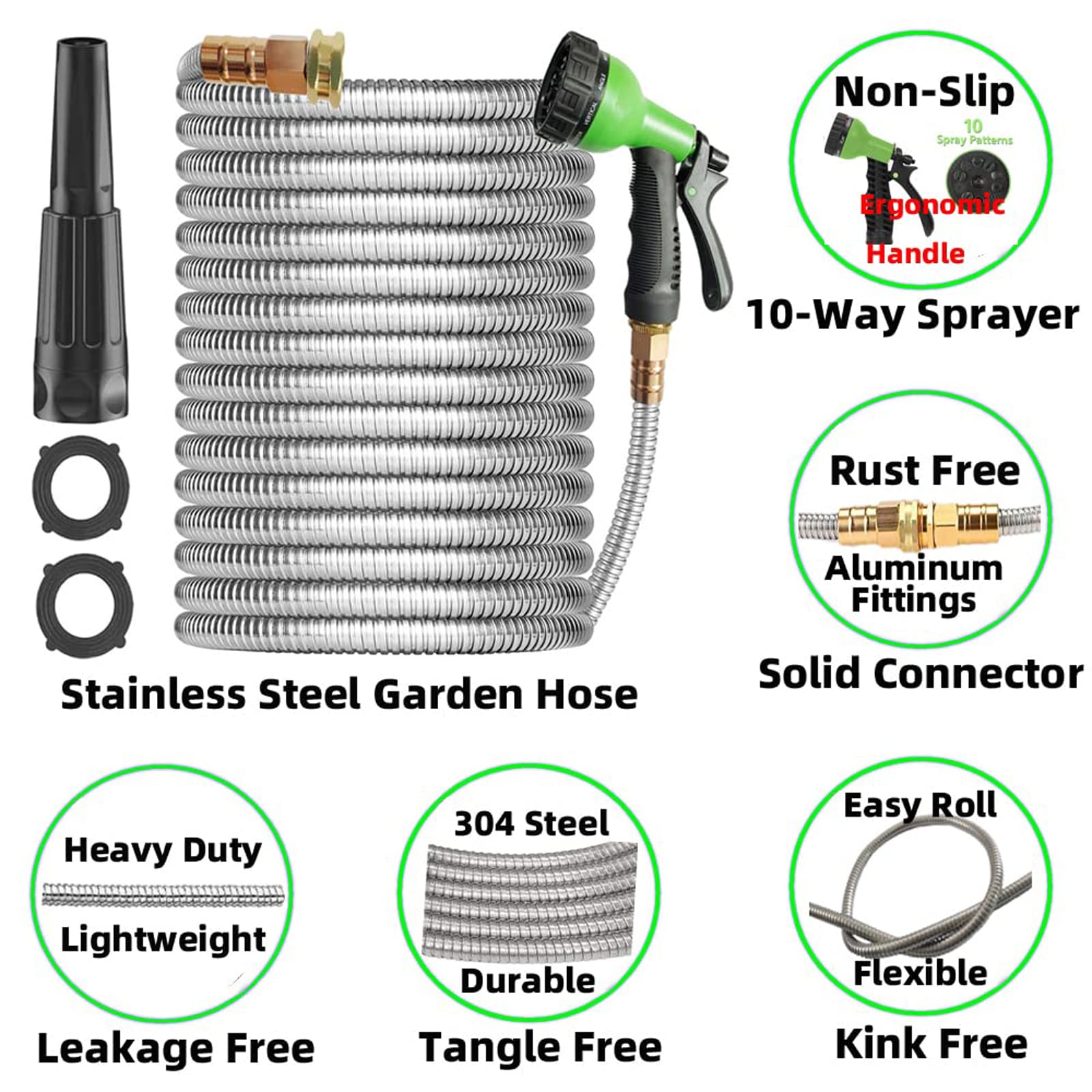 50 ft Stainless Steel Flexible Metal Garden Hose - Heavy Duty Water Hose for Lawns, Gardens & Outdoor Cleaning | Durable & Kink-Free Design