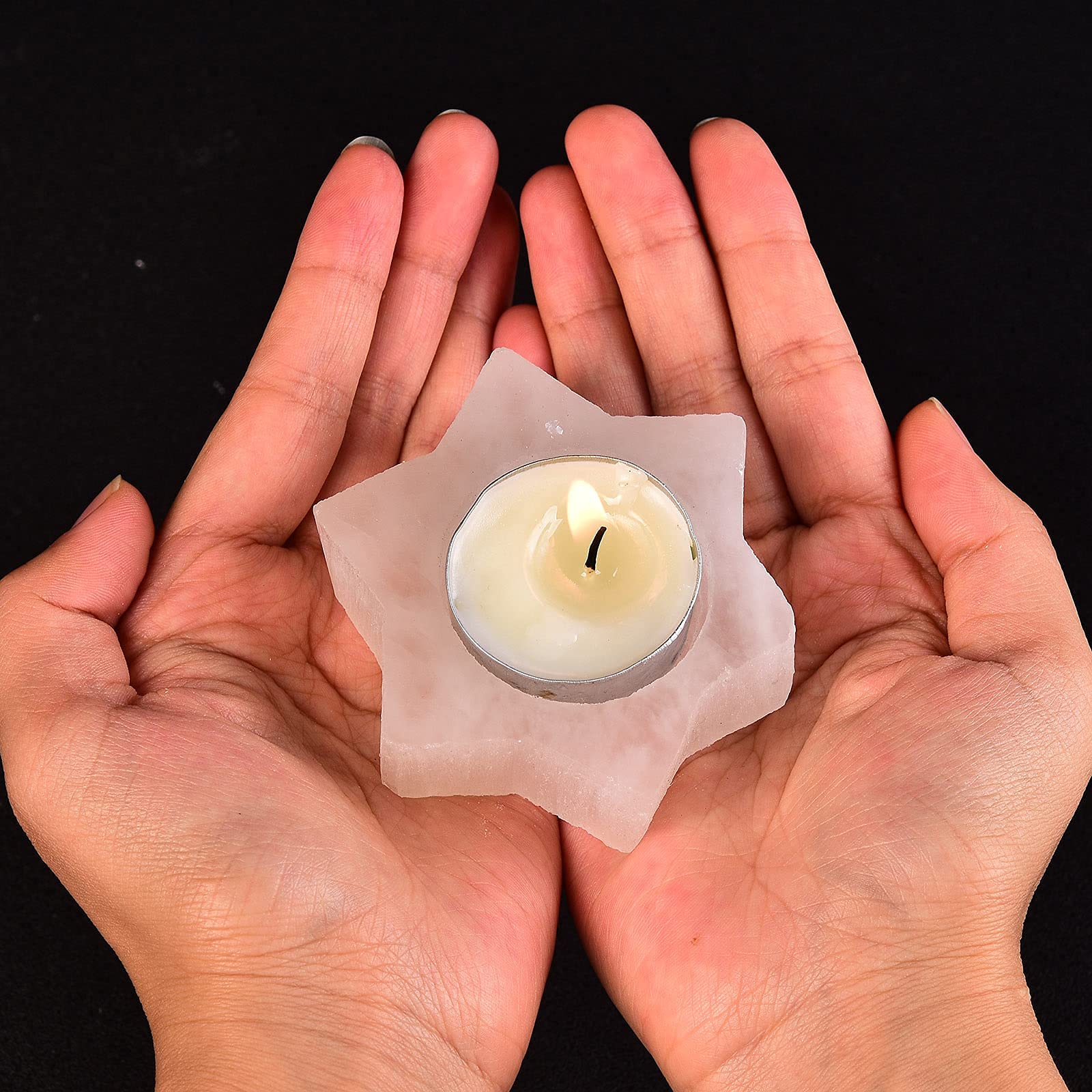 AMOYSTONE Selenite Tealight Holders - 2PC Star Shaped Crystal Candle Holders for Decorative Home & Meditation, 3