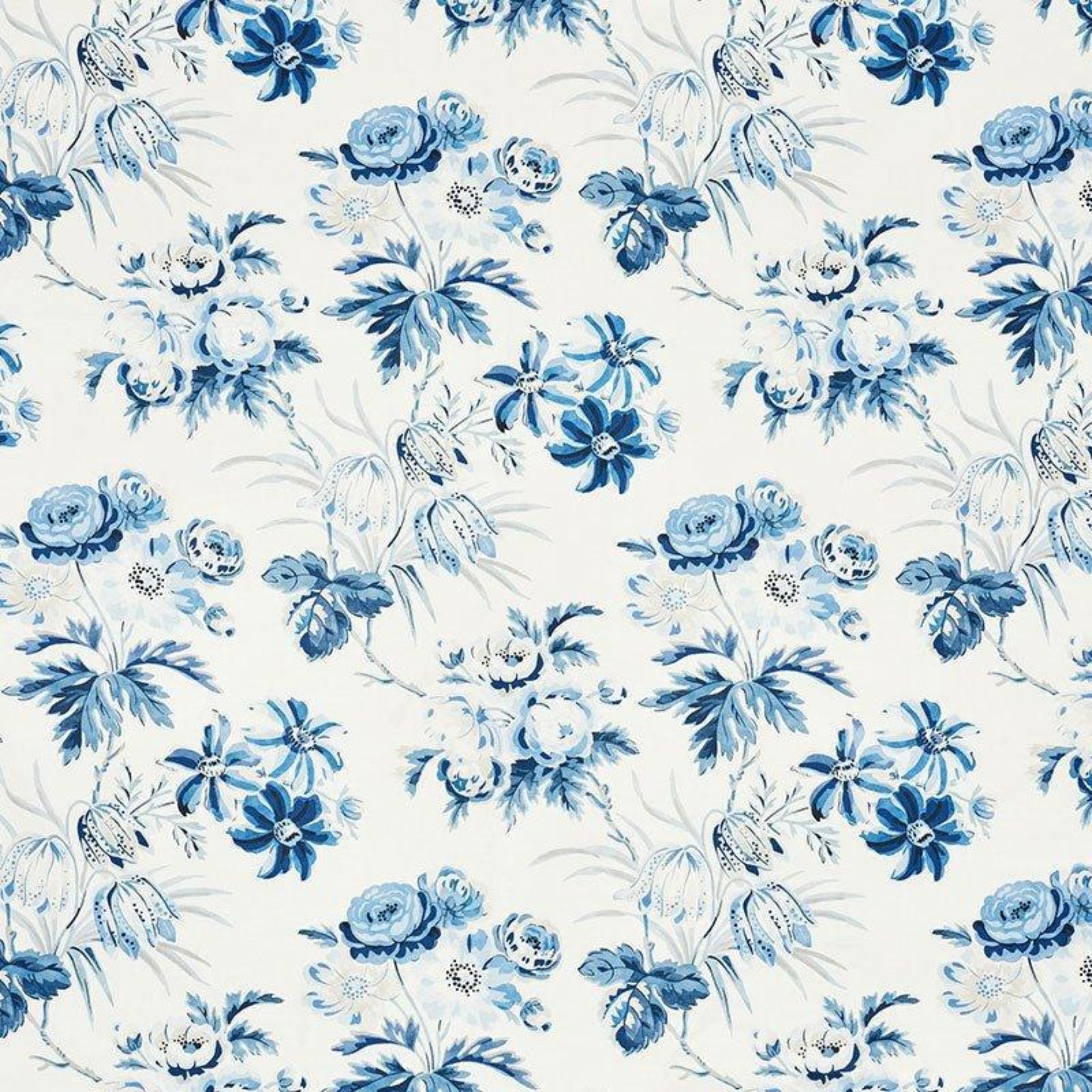 Delft Blue Cecil Chintz Fabric - Premium Cotton Floral Upholstery Material for Sofas, Curtains & Home Decor