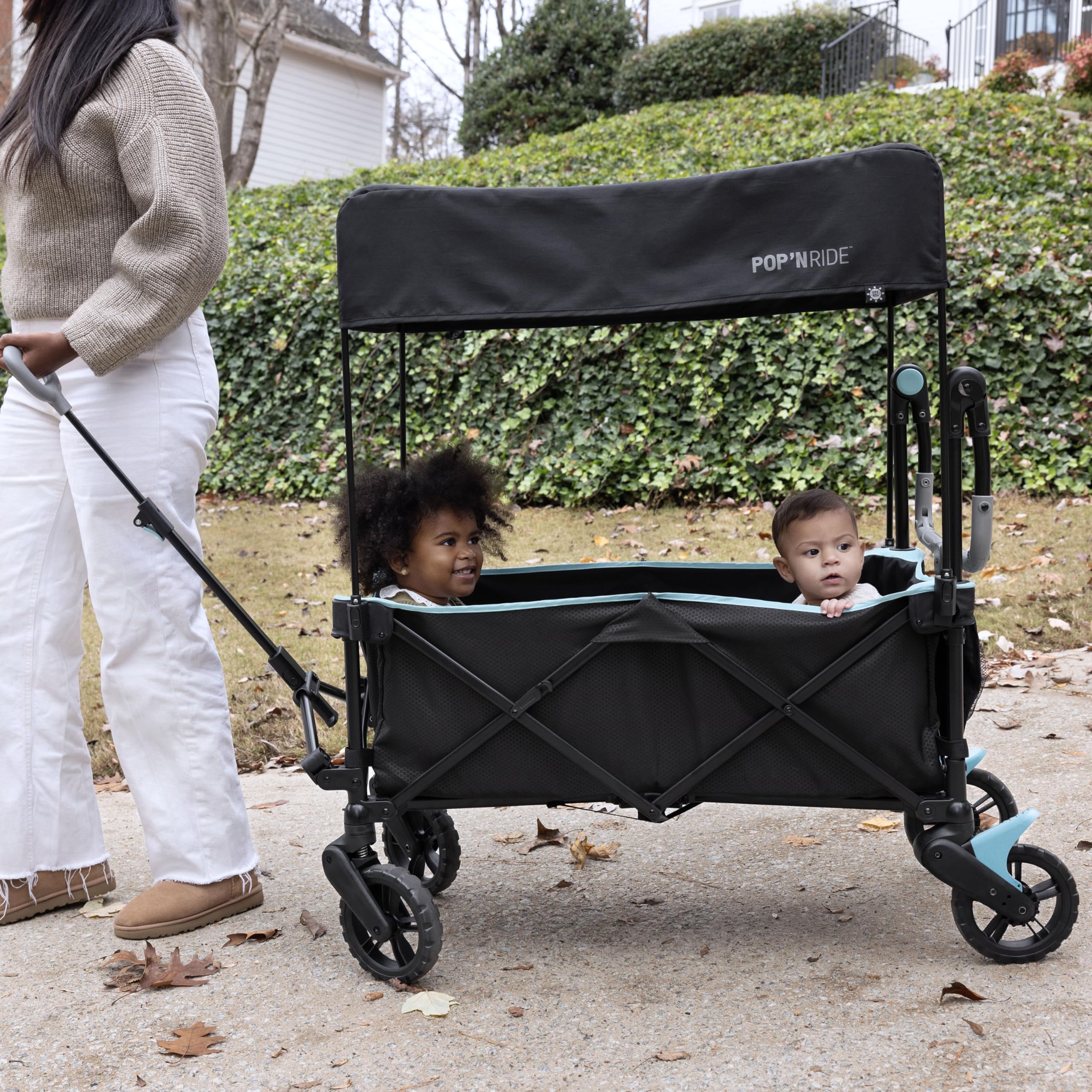 Ingenuity Pop 'N Ride Lightweight Stroller Wagon for 2 Kids - Summer-Ready with Face-to-Face Seats, 3-Point Harnesses & Sun Canopy | Perfect for Beach Outings, Park Visits & Family Travel