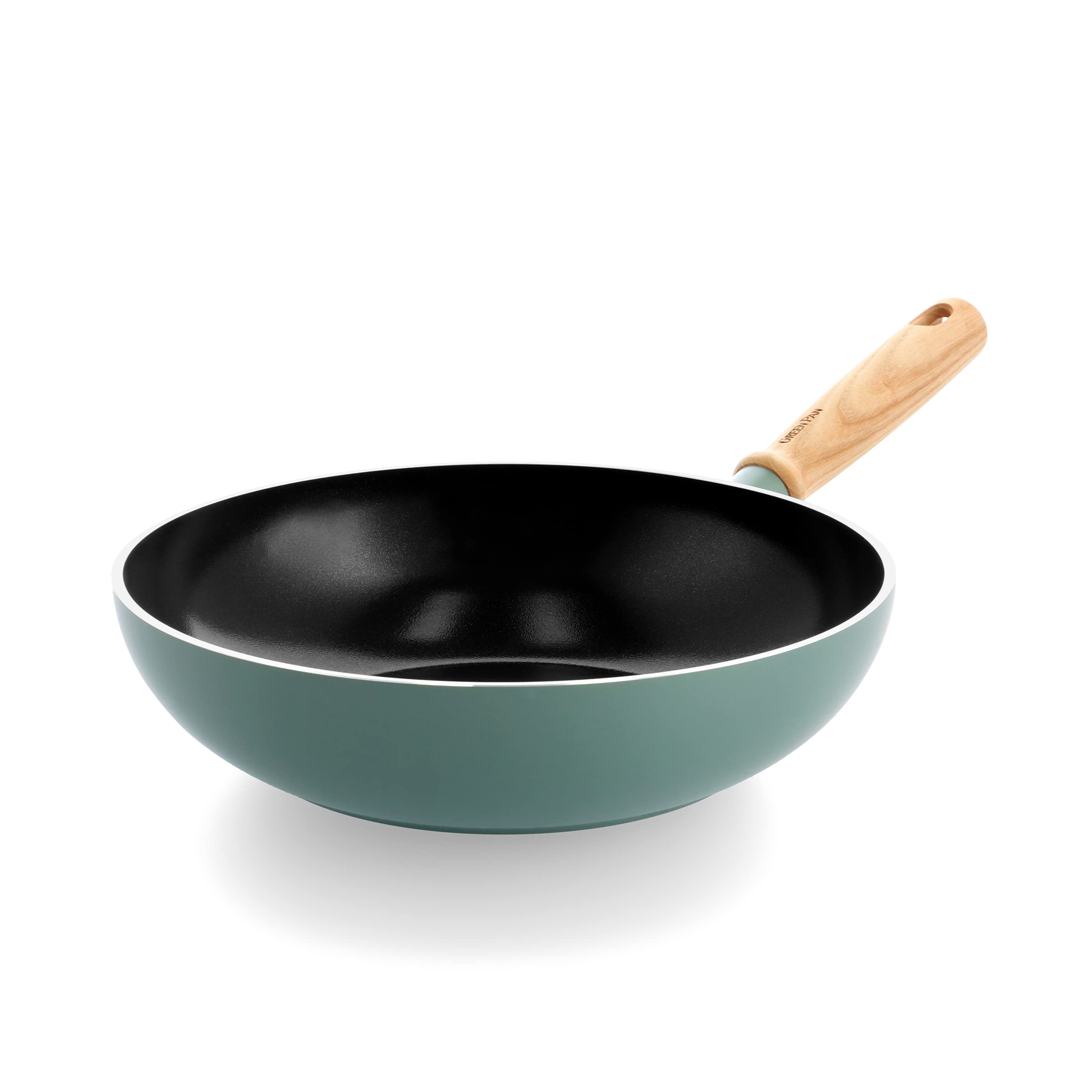 GreenPan Mayflower 28cm/3.7L Non-Stick Ceramic Wok Pan with Vintage Wooden Handle - PFAS-Free, Induction Compatible, Smoked Blue - Perfect for Stir-Frying, Sautéing & Asian Cooking