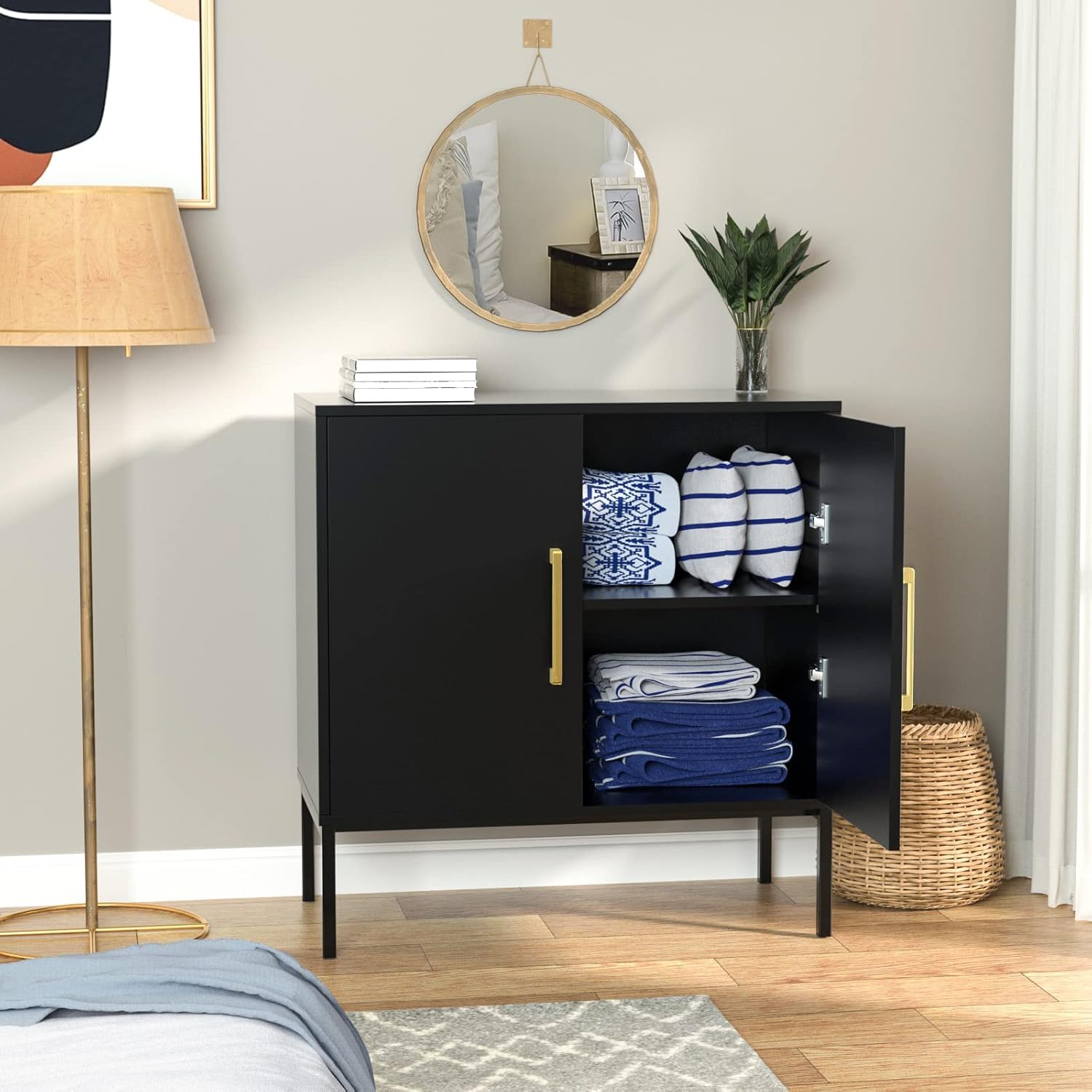 JOZZBY Modern Wooden Buffet Cabinet with Storage - 2-Door Free Standing Sideboard with Adjustable Shelves, Black Accent Cabinet for Living Room, Kitchen, Hallway - Perfect for Dining Room Storage, Entryway Organization & Home Decor