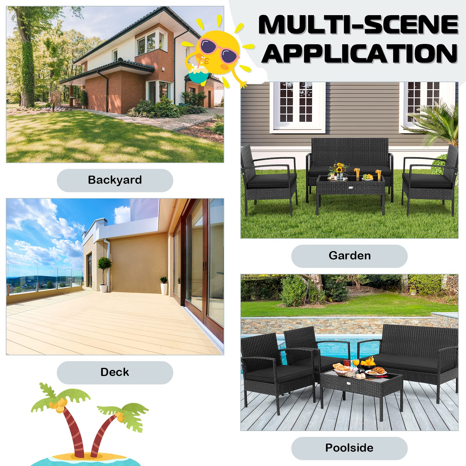 Tangkula 4-Piece Outdoor Patio Furniture Set - Rattan Wicker Sofa with Glass Coffee Table, Sturdy Steel Frame & Ergonomic Seating for Garden, Backyard, Balcony, Poolside - Perfect for Relaxing & Entertaining Outdoors