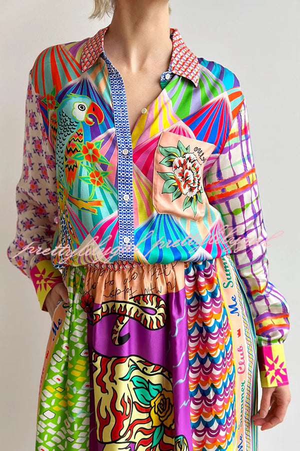 You Make Me Wonder Satin Colorful Unique Print Button Down Oversized Blouse - Stylish Women's Fashion Top for Casual Wear, Office & Date Nights