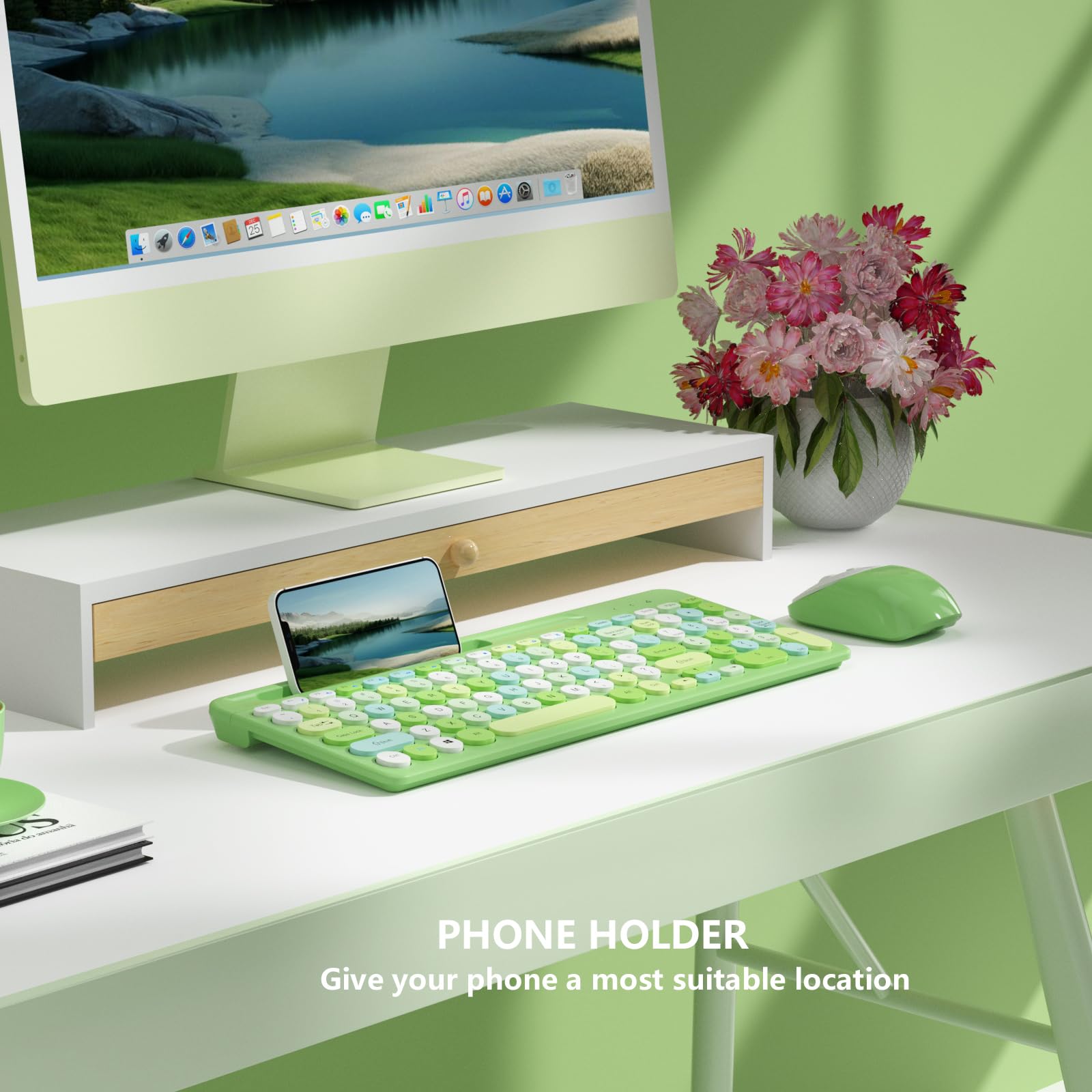 Retro Wireless Keyboard and Mouse Combo with Round Keycaps, 2.4GHz Full-Size USB Cute Green-Colorful Set for Computer, Desktop, Laptop, Home Office, and Gaming