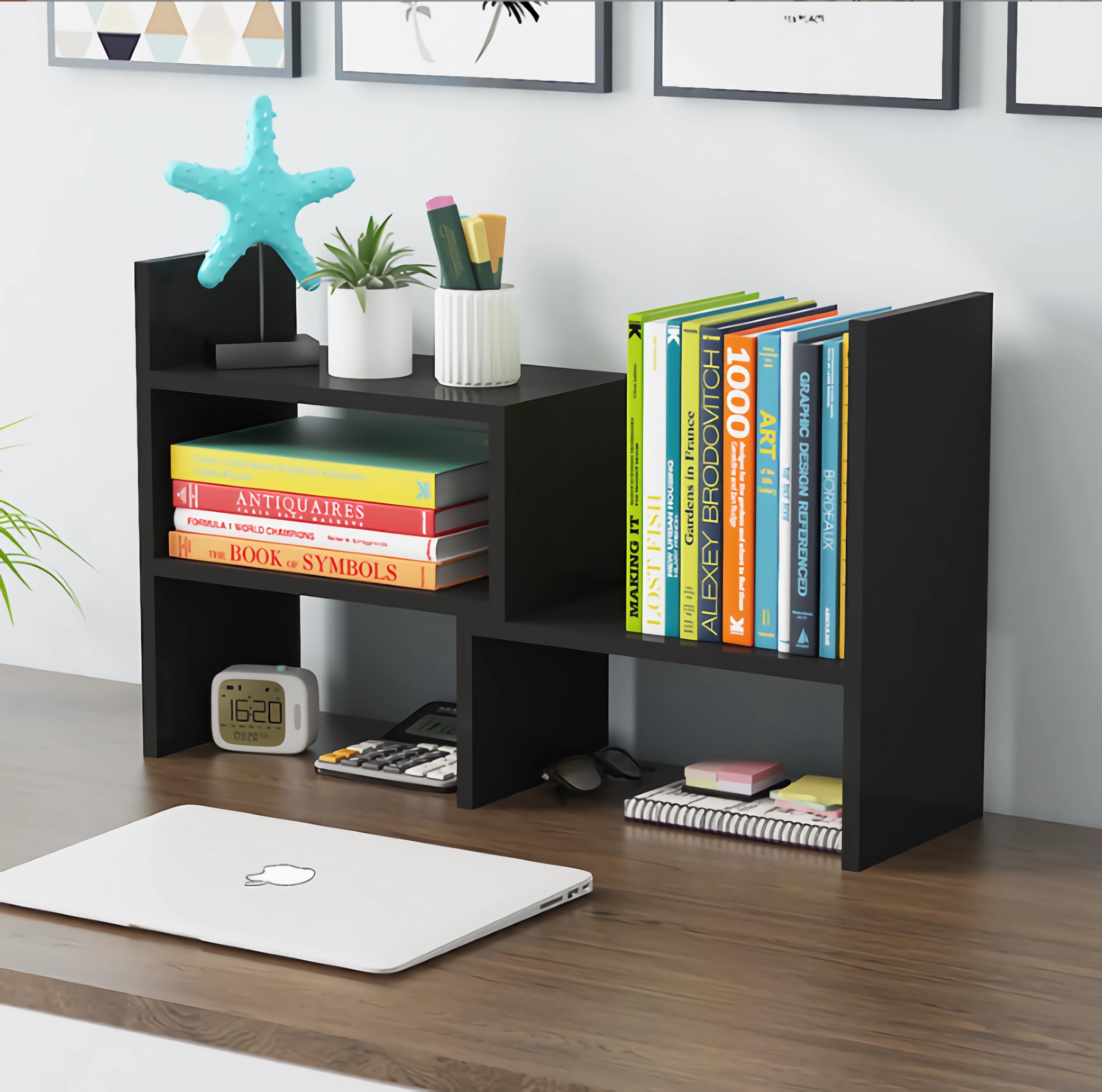 Adjustable Desktop Shelf Organizer - Expandable Bookshelf Display Rack for Office Storage | Versatile Desk Organizer with Free Style Design | Perfect for Home Office, Study Room & Workspace Organization (Black)