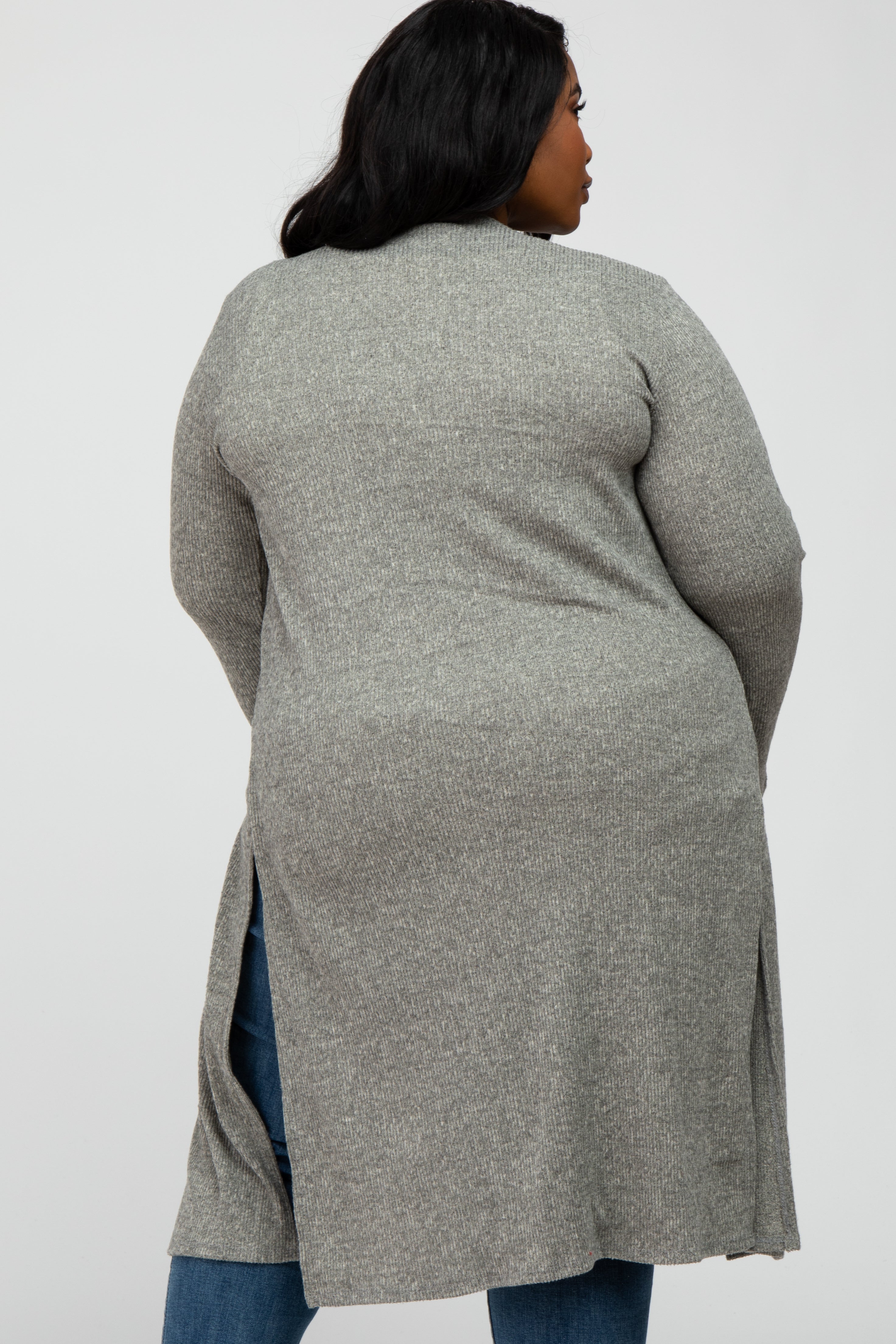 Beige Heathered Ribbed Long Cardigan with Side Slits for Women - Plus Size Open Front Sweater for Casual Outfits & Layering in Fall/Winter