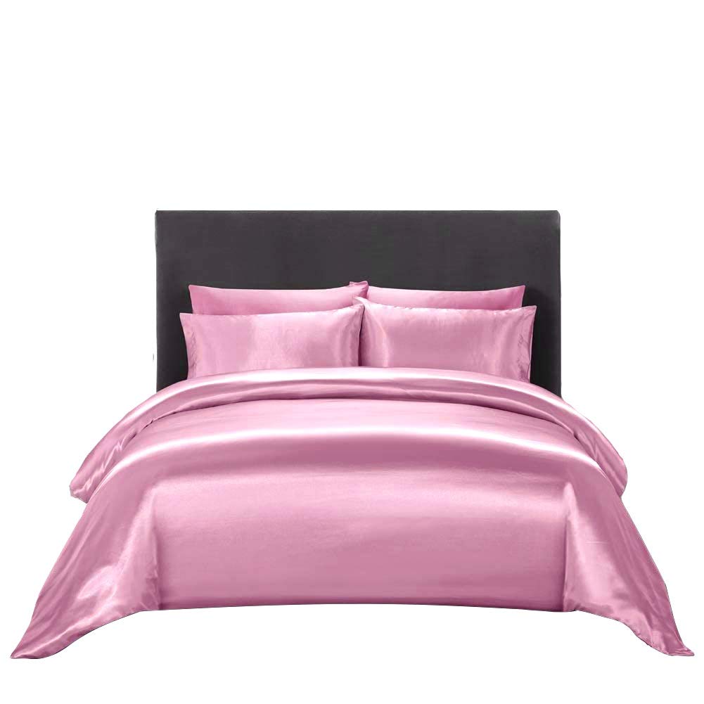 Ultra Soft Silk Satin King Size Pink 4-Piece Duvet Cover Set - Luxury Bedding with Zipper Closure (Duvet Cover + Fitted Sheet + 2 Pillowcases) - Perfect for Master Bedroom, Guest Room & Hotel Decor