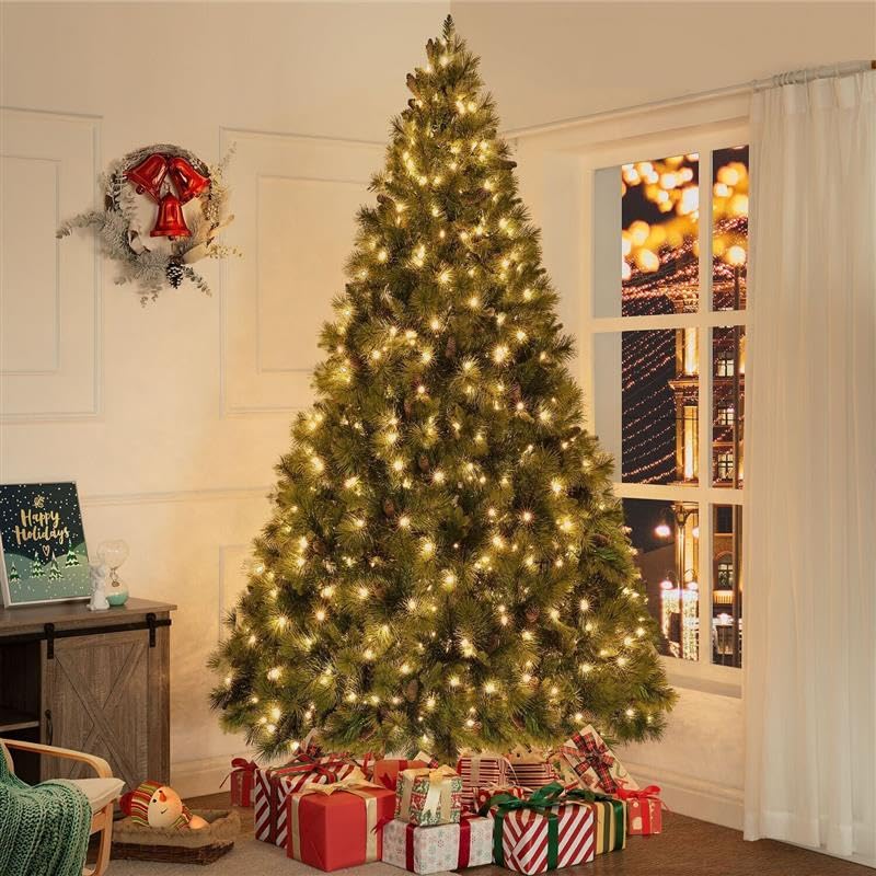 7.5ft Prelit Artificial Christmas Tree with Pine Cones & Foot Pedal - 1556 Branch Tips, 750 Warm White LED Lights & Sturdy Metal Stand - 61