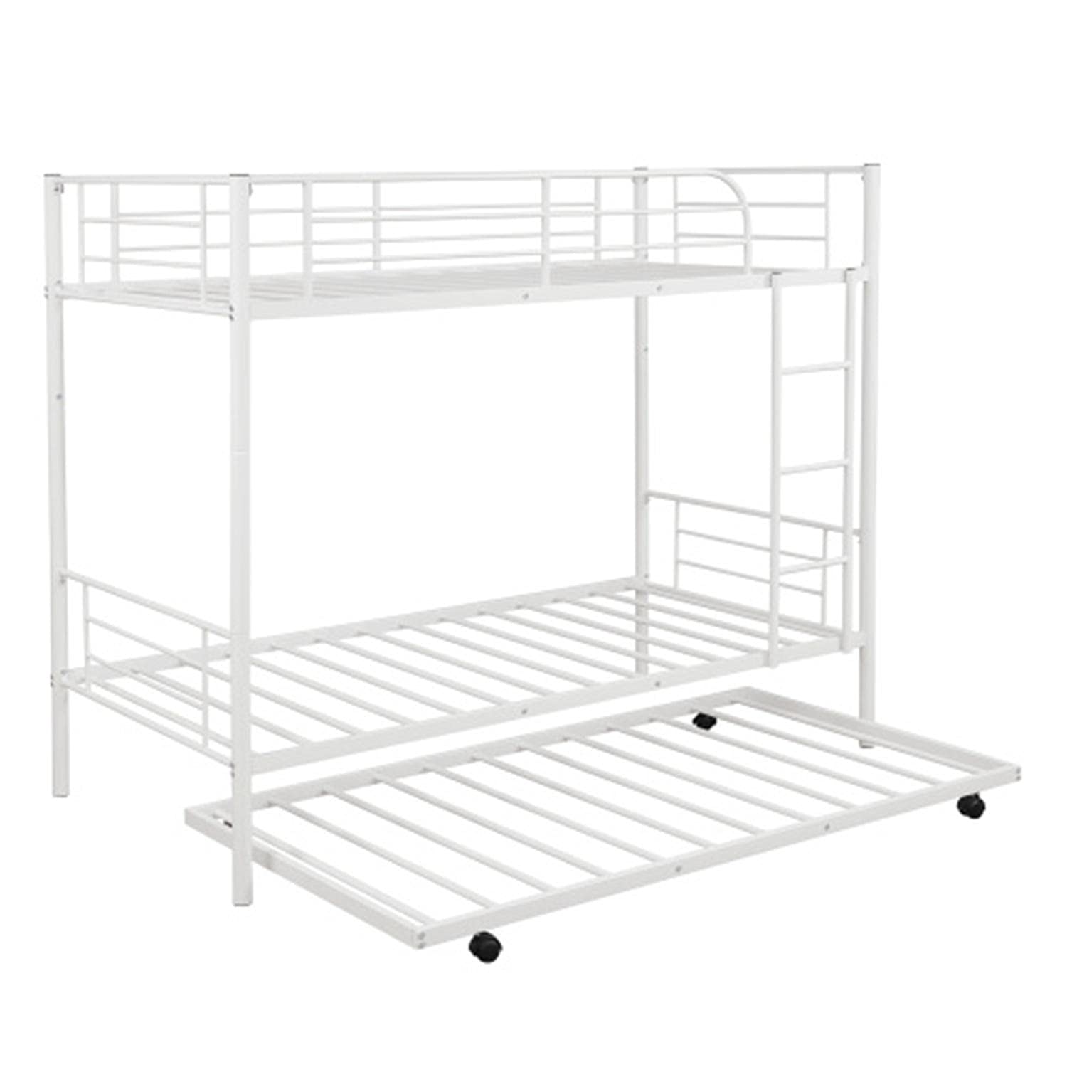Twin Over Twin Bunk Bed with Trundle - Sturdy Metal Bunk Bed Frame with Ladder & Safety Guardrail for Adults & Teens - No Box Spring Required - Convertible to 2 Separate Beds - White - Perfect for Small Bedrooms, Guest Rooms & Vacation Homes