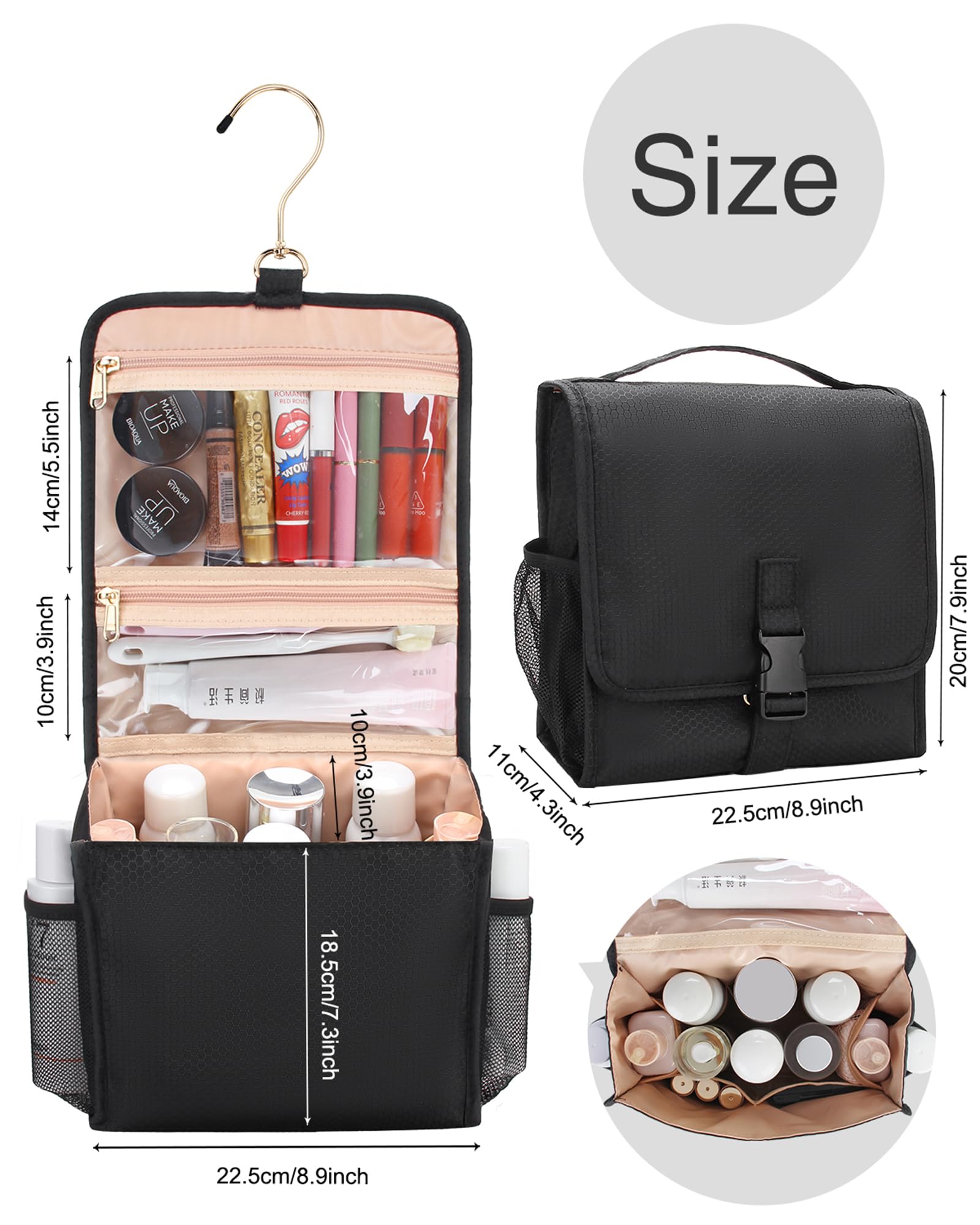 Relavel Waterproof Hanging Toiletry Bag for Travel - Compact Makeup Organizer with Multiple Compartments for Women & Men - Perfect for Gym, Shower, Camping and Business Trips - Black Travel Wash Bag