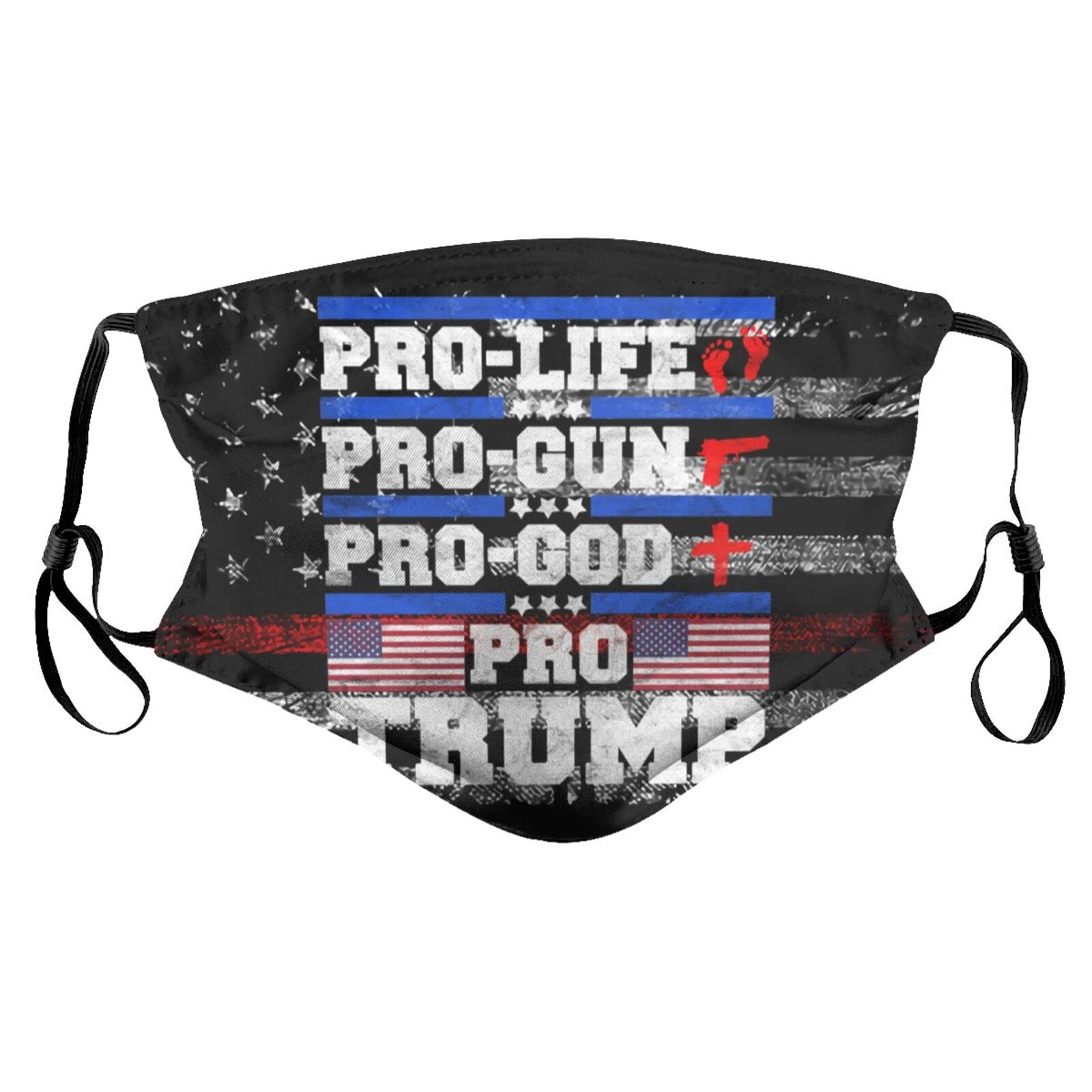 Pro Life Pro Gun Pro God Pro Trump Reusable Face Mask with 2 Filters - Adjustable Cloth Face Cover, Bandana & Neck Gaiter for Outdoor Activities, Political Events & Patriotic Gatherings