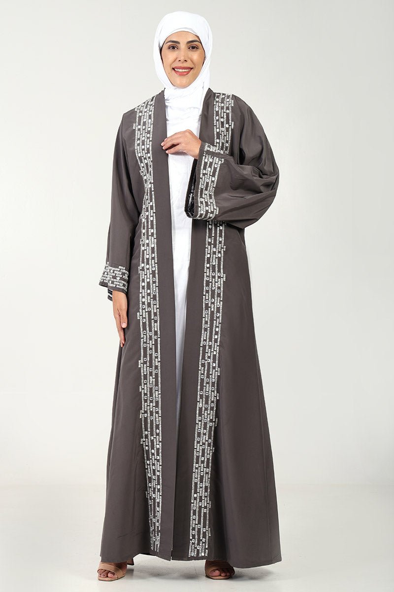 Elegant Kashibo Fabric 2 Piece Abaya Set with Zigzag Embroidery Grey - Modest Muslim Prayer Dress for Women, Perfect for Eid, Ramadan & Special Occasions