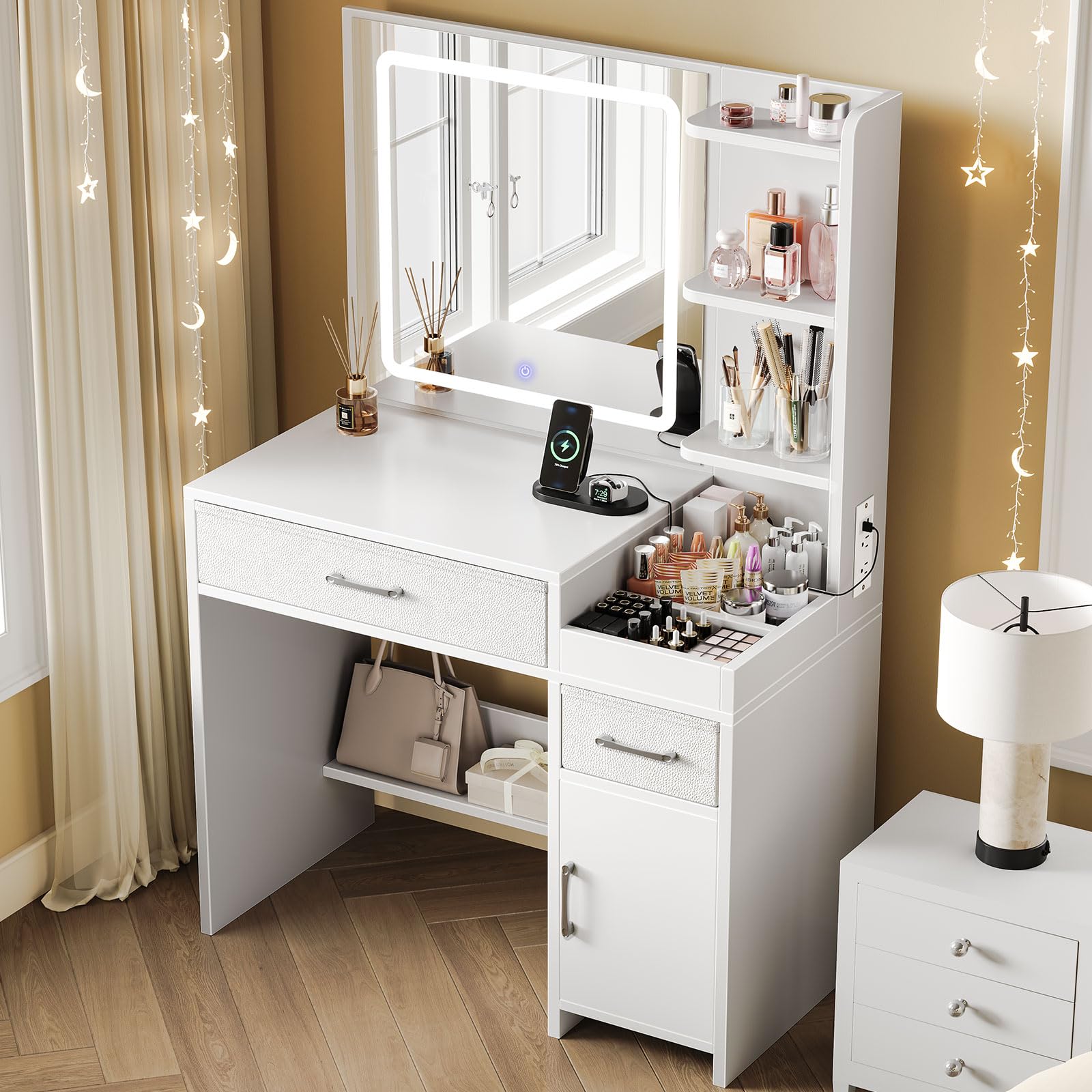 GREENSTELL White Vanity Makeup Desk with LED Lights & Mirror - 32.6