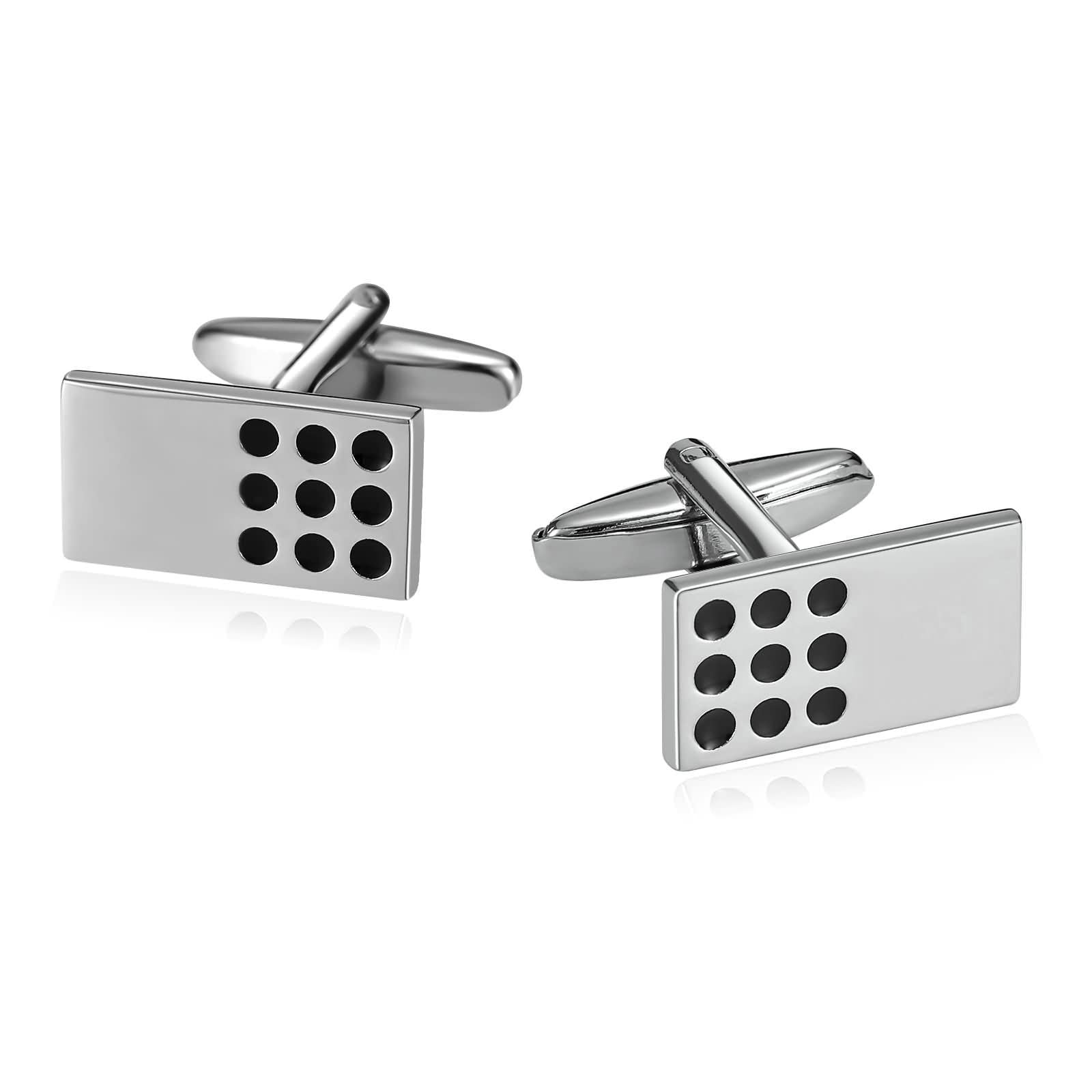 Men's Silver Black Stainless Steel Enamel Dot Rectangle Cufflinks - Classic Formal Suit Accessories for Groomsmen & Wedding Attire