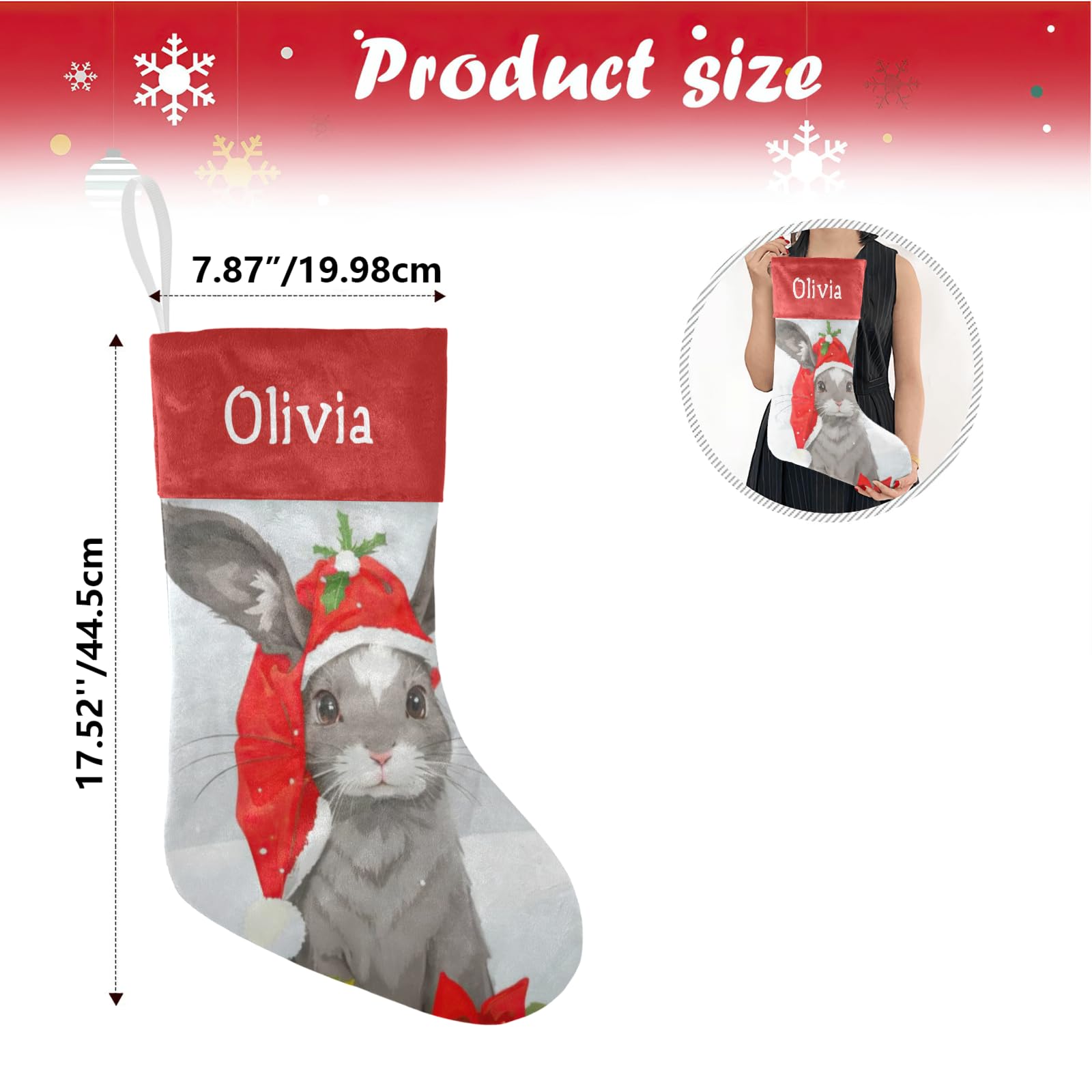 Personalized Christmas Stockings with Name - Cute Bunny Rabbit Design for Family Holiday Decorations - Xmas Gift for Kids & Adults (17.52 x 7.87 Inch) - Perfect for Fireplace Mantel, Christmas Tree Decor & Festive Home Styling