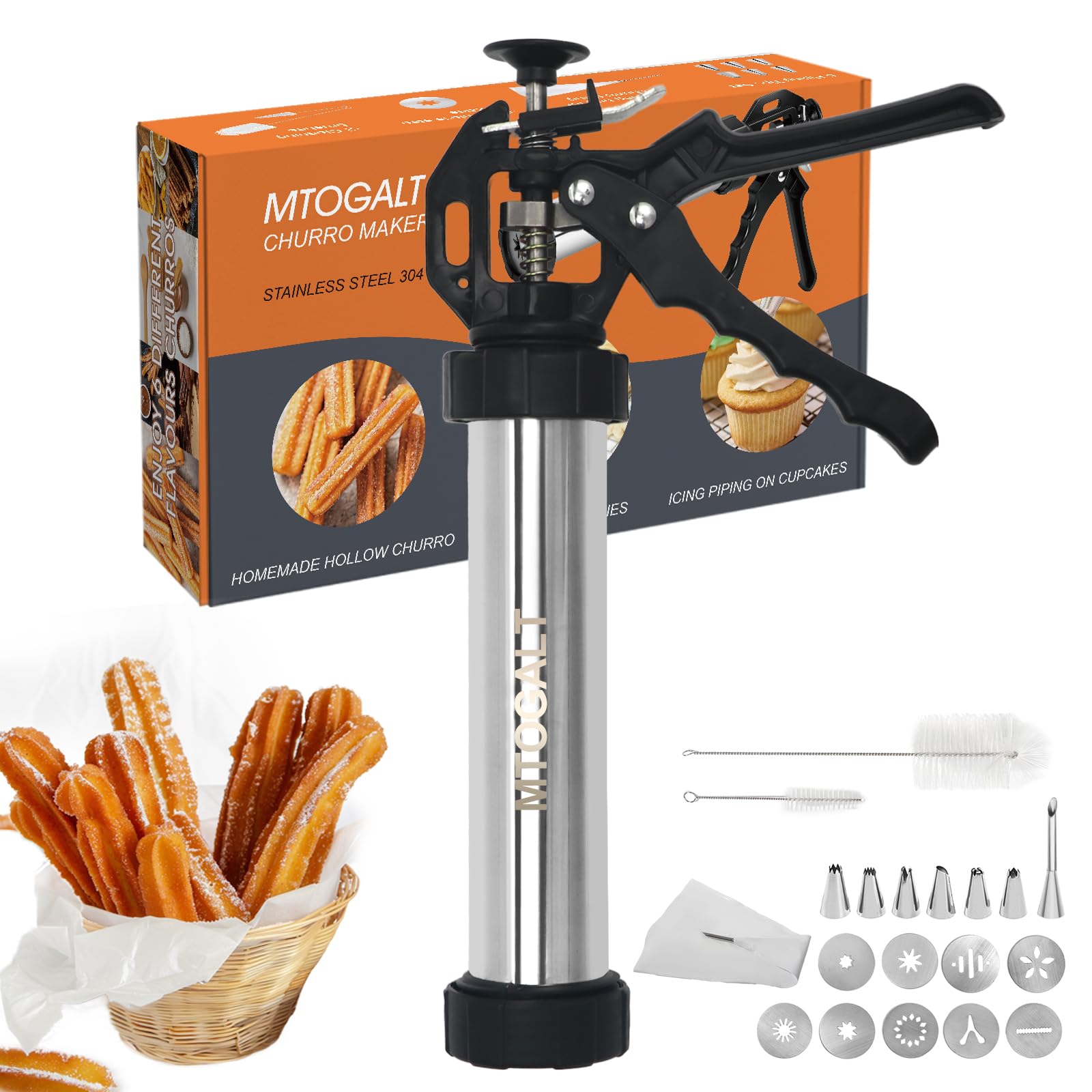 Stainless Steel Churro Maker Machine Kit - 21-Piece Churro Gun with 6 Nozzle Tips, 9 Discs & 2 Cleaning Brushes for Homemade Churros, Cookies & Pastries - Perfect for Parties, Baking & Dessert Making