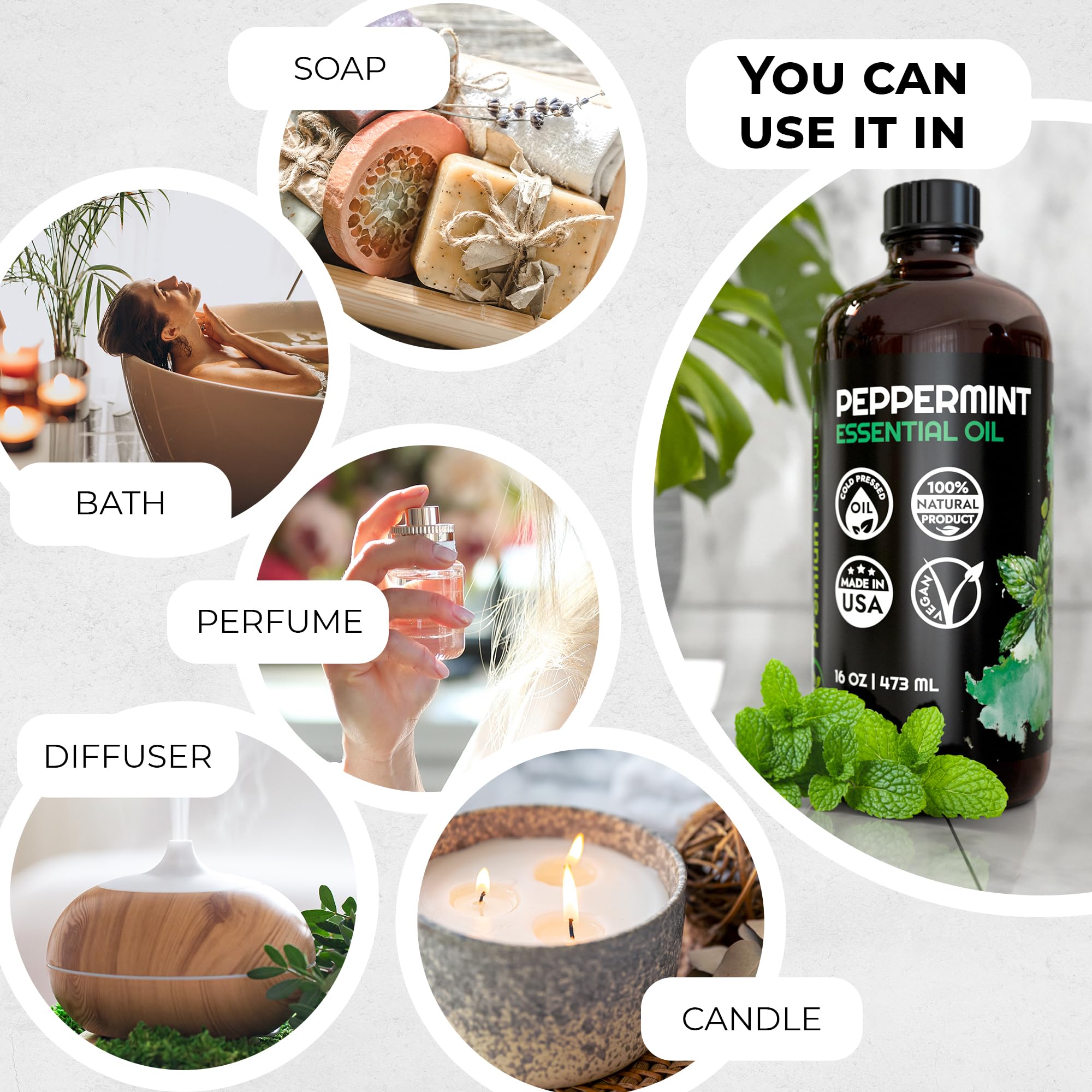**Organic Peppermint Essential Oil 16oz - Pure Aromatherapy Oil for Diffusers, Hair Growth, Skin Care & Soap Making | Refreshing Scent for Laundry, Relaxation & Home Fragrance**
