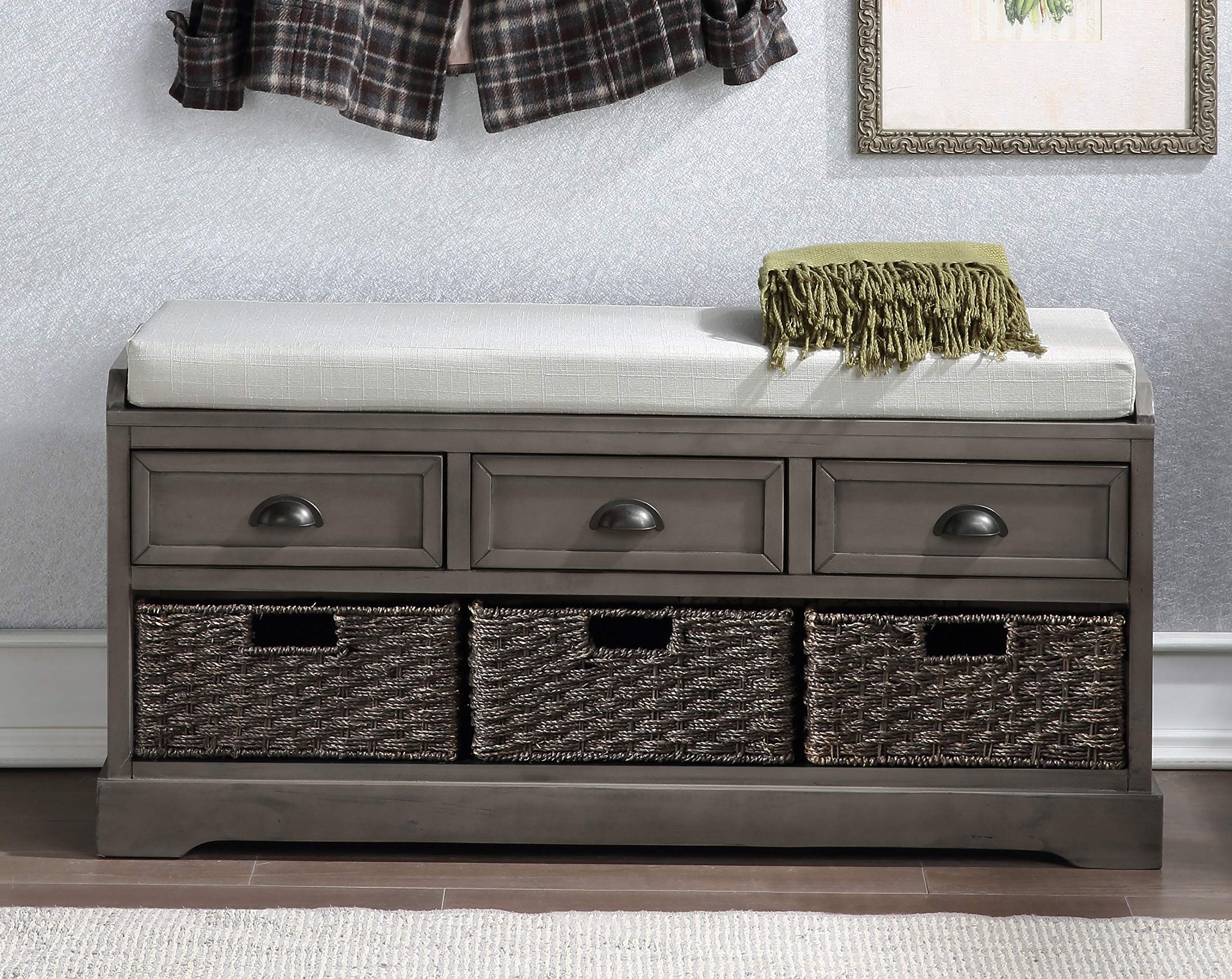 Rustic Gray Wood Storage Bench with 2 Cabinets & 1 Basket - Entryway Shoe Bench with Removable Cushion - Perfect for Living Room, Hallway & Home Organization - Ideal for Shoes, Blankets & Entry Storage