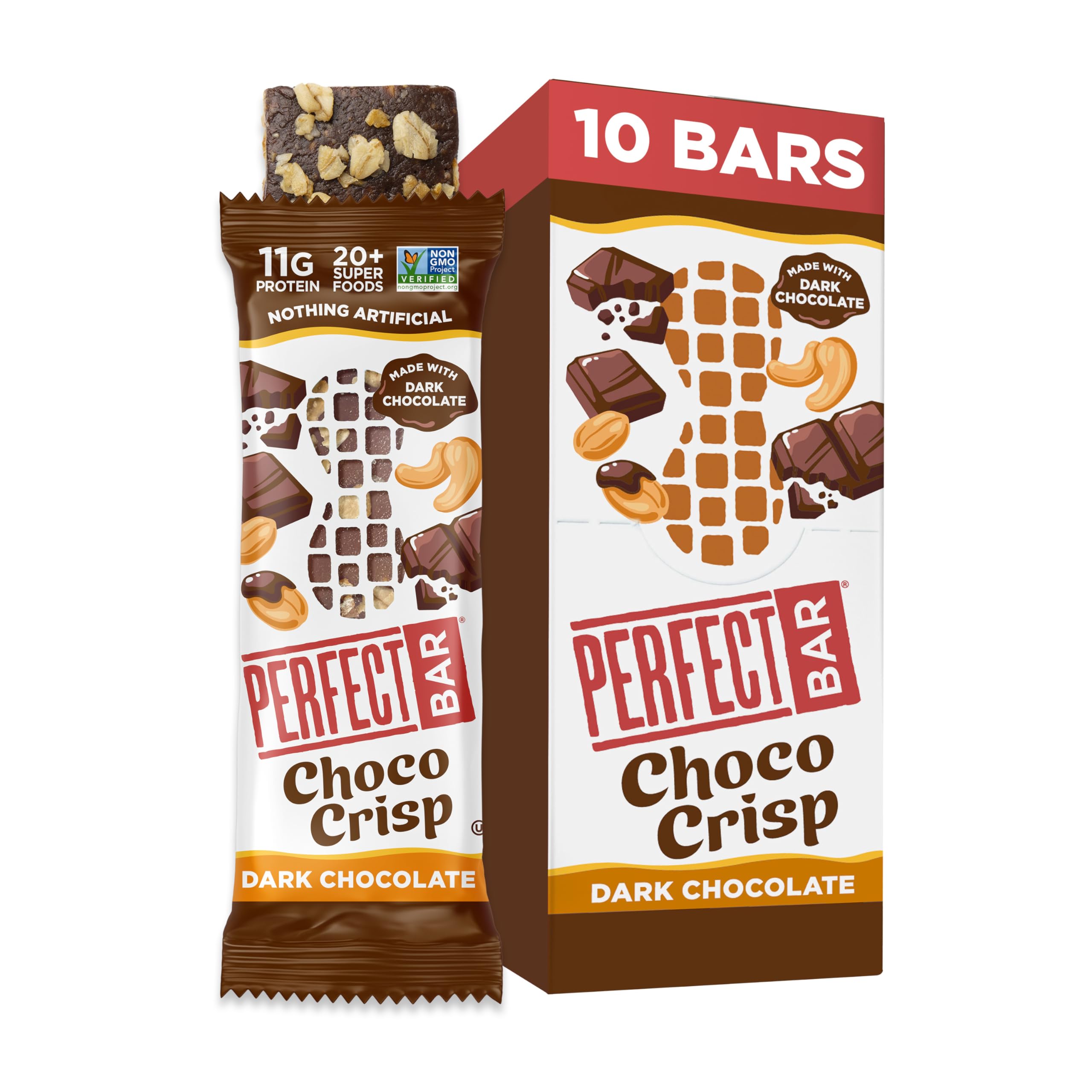 Perfect Bar Choco Crisp - Dark Chocolate Nut Butter Protein Bar | Gluten Free, Soy Free, Non GMO, No Sugar Alcohols | 1.9oz (10 Count) | High Protein Snack for Hiking, Gym & On-the-Go Energy