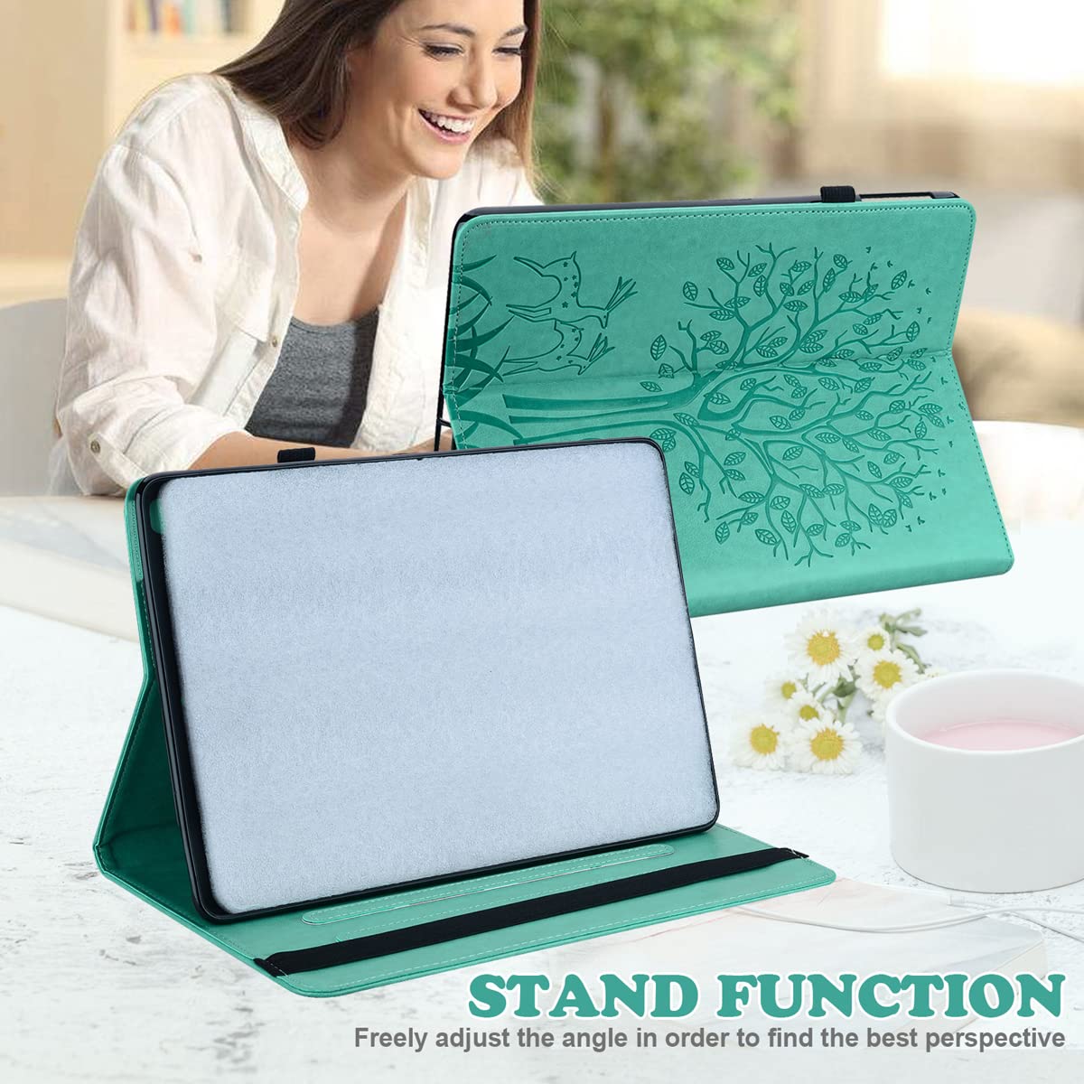 LMFULM® Kindle 11th Generation 2022 Case (6.8 Inch) - Premium PU Leather Protective Cover with Stand, Flip Design & Giraffe Tree Embossing in Green - Perfect for Reading, Travel, and Daily Use