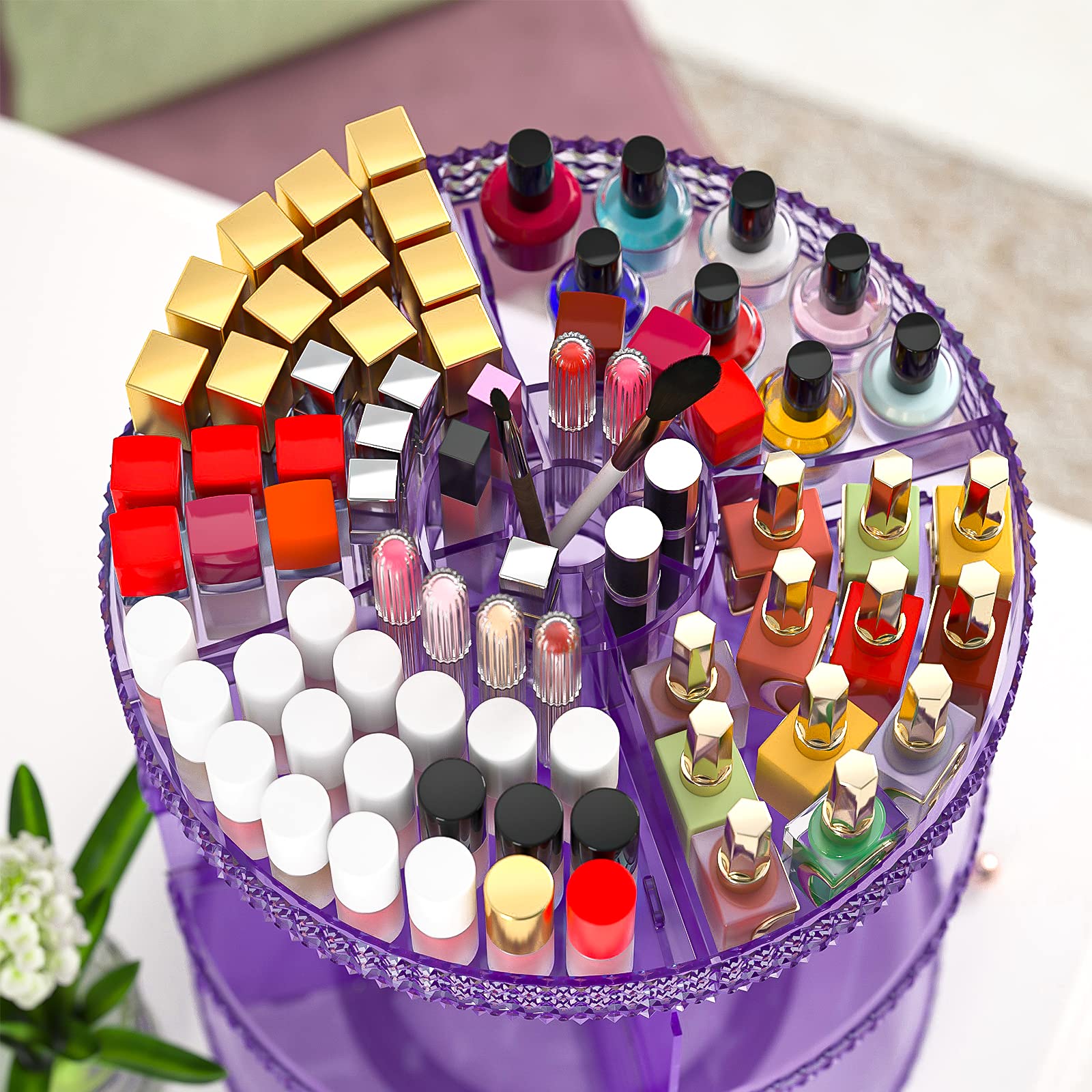 360 Degree Rotating Makeup Organizer - Large 7-Tier Acrylic Cosmetic Storage for Brushes, Lipsticks & Beauty Products | Perfect for Bathroom Vanity, Dressing Table & Travel | X-Large Purple Makeup Case