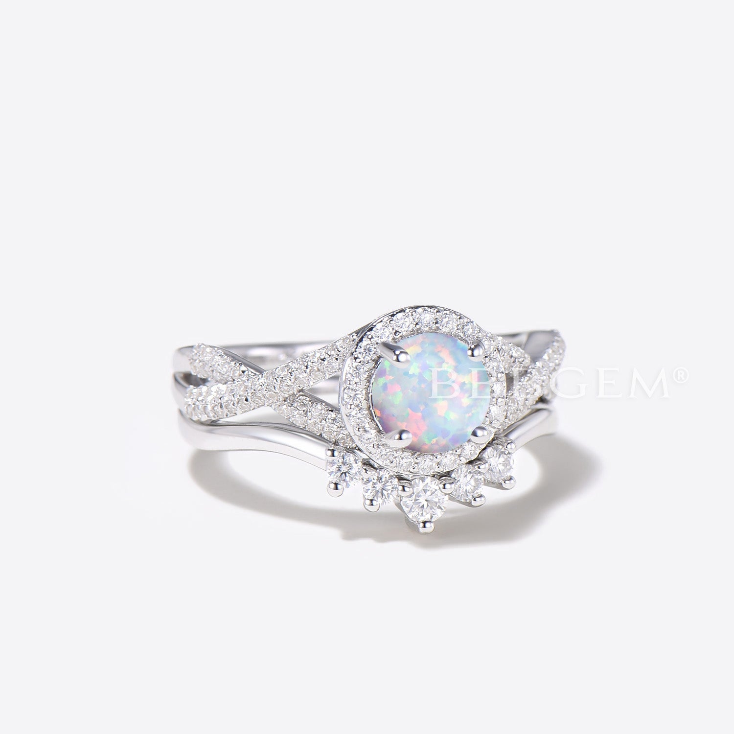 Vintage Opal Engagement Ring Set for Women - 14K White Gold Halo Diamond/Moissanite Wedding Band - Elegant Bridal Jewelry for Proposals, Anniversaries & Special Occasions