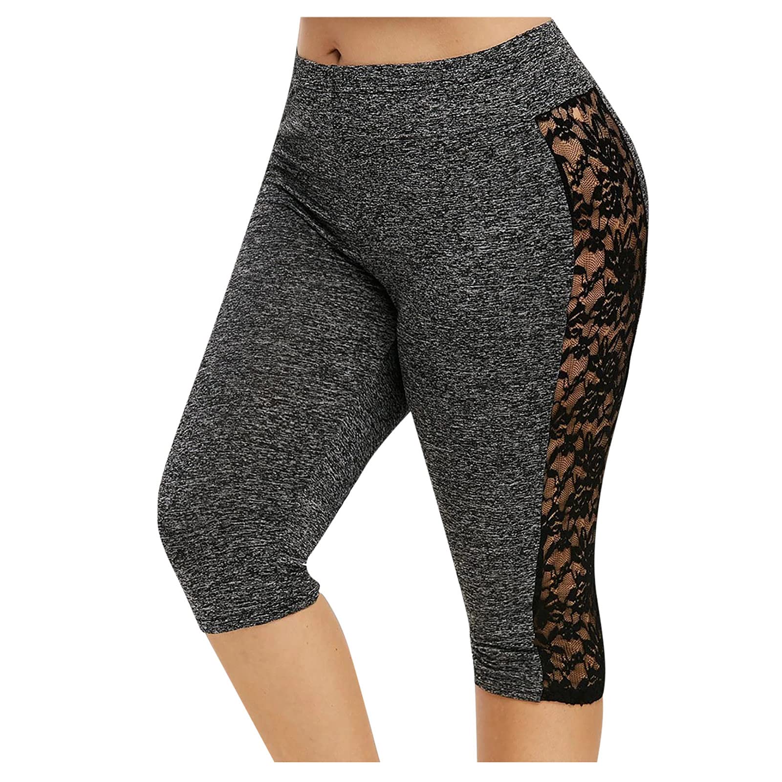 Women's Plus Size Lace Patchwork Yoga Leggings - Calf-Length Workout Pants for Running, Gym & Active Wear | Breathable Stretchy Sports Tights