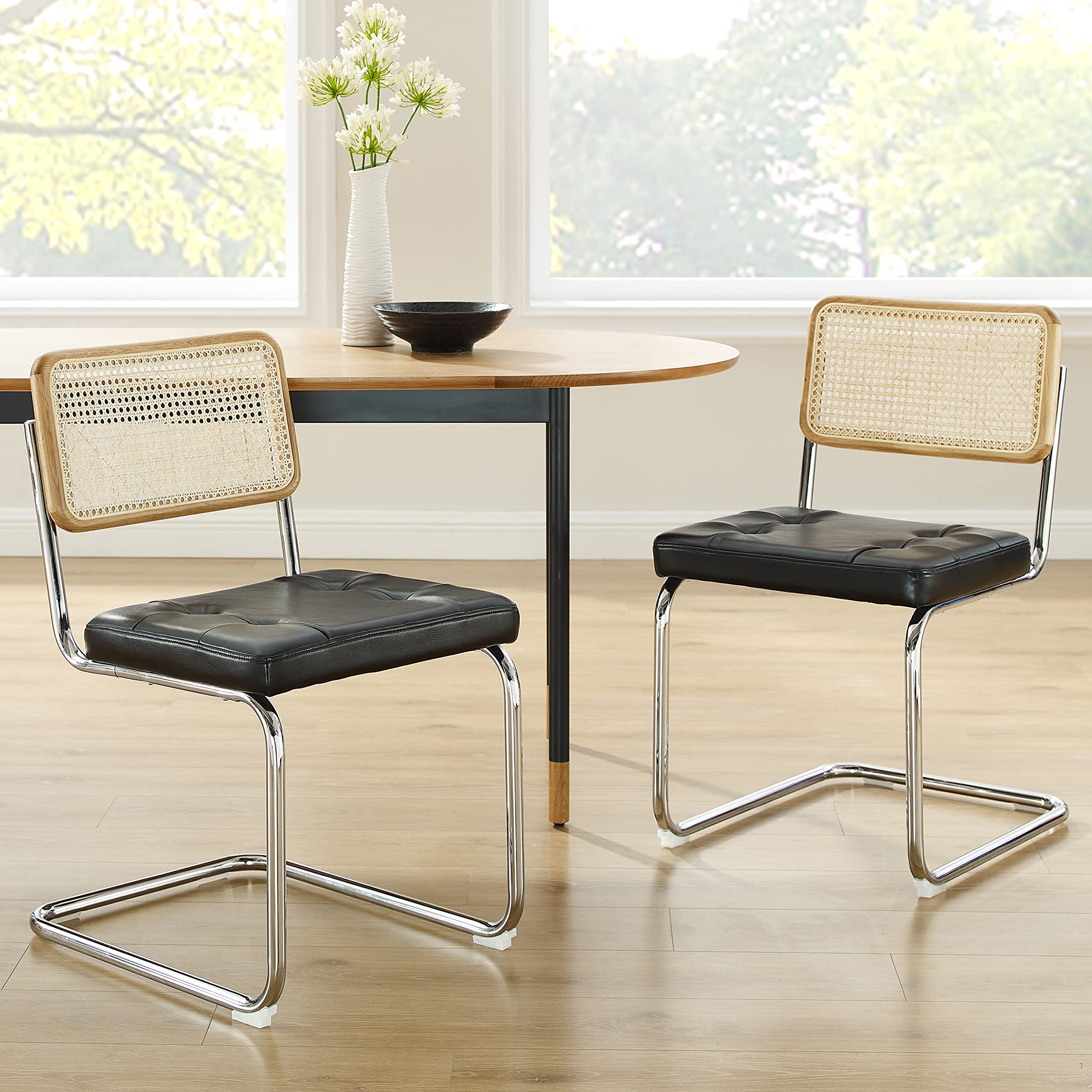 Art Leon Rattan Dining Chairs Set of 2 - Natural Oak Frame Mid Century Modern Style - Woven Backrest & Faux Leather Upholstered Cane Chairs with Chrome Metal Legs in Black - Perfect for Dining Room, Kitchen, Breakfast Nook or Patio Decor