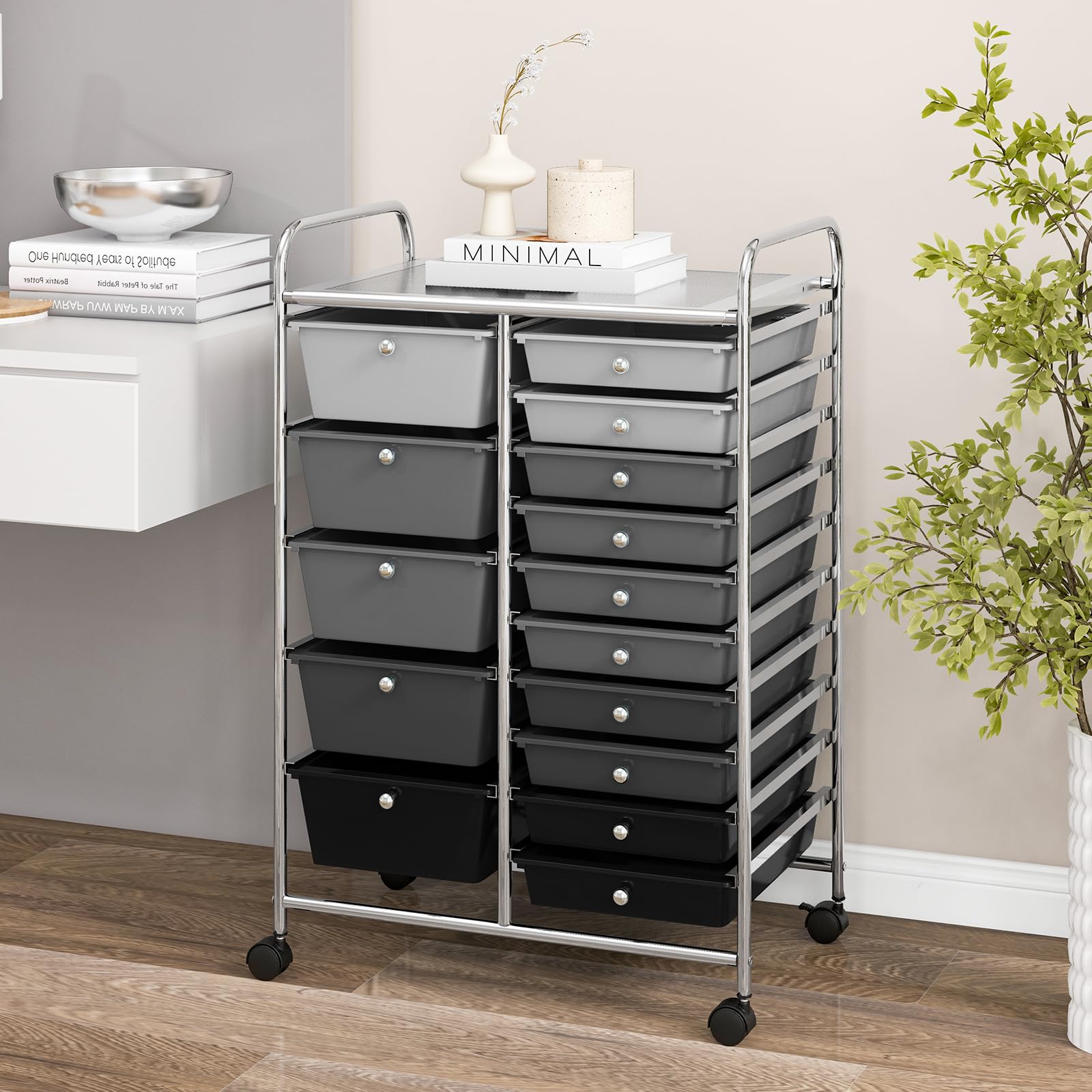 15-Drawer Rolling Storage Cart with Lockable Wheels - Multipurpose Craft Organizer for Tools, Arts, Scrapbooking & Office Supplies - Perfect for Home, Office & School Use (Black)