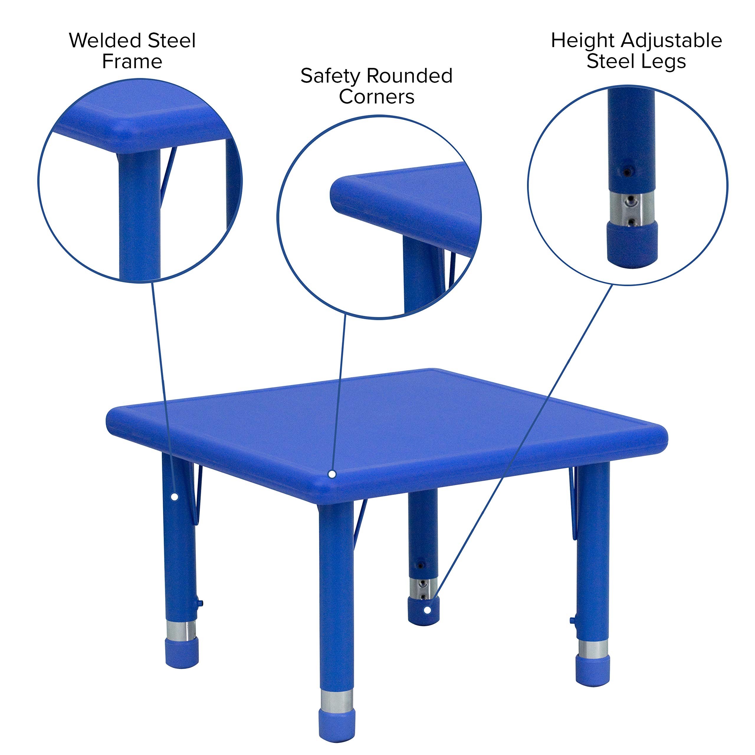 EMMA & OLIVER 24-Inch Square Blue Plastic Kids Activity Table - Adjustable Height for Toddlers & Preschoolers - Perfect for Playrooms, Daycares & Homeschooling Activities
