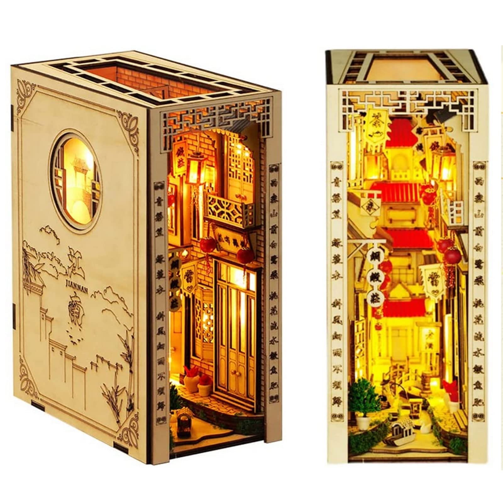 3D Wooden Book Nook Inserts - DIY Bookshelf Decor Stand with LED Induction Light, Ancient Chinese Style Art Bookends for Teens and Adults - Perfect for Home Library, Office Decor and Gift Giving (Natural Wood Color)