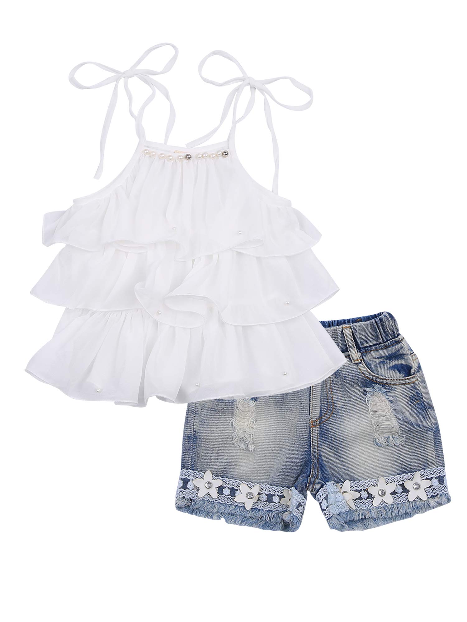 Little Girls Off Shoulder Denim Tunic Top & Ripped Jeans Shorts Set - Summer Outfits for Toddlers, Playdates & Beach Vacations
