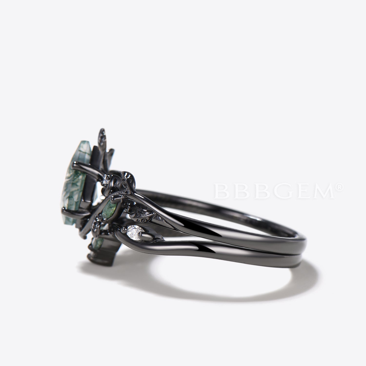 Natural Moss Agate Engagement Ring - Leaf Inspired Bridal Set with Kite Cut Gemstone for Nature Lovers | Perfect for Outdoor Weddings, Boho Chic Style & Unique Proposal Gifts