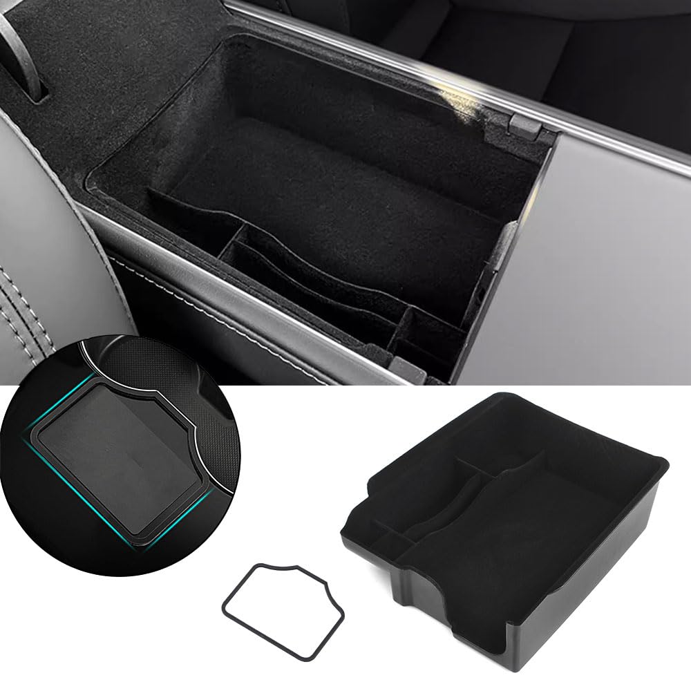 Tesla Model 3/Y 2021-2023 Center Console Organizer Tray - ABS Flocking Armrest Storage Box with Key Card Holder | Perfect for Car Accessories Organization & Daily Commute