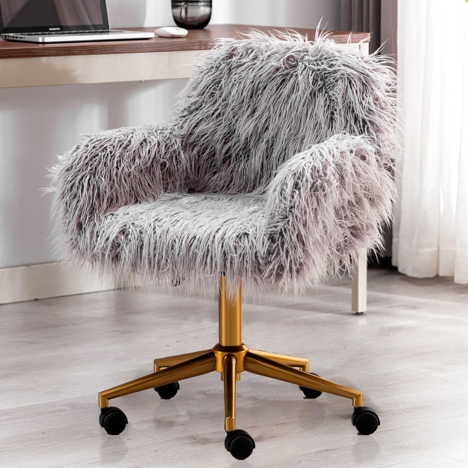 Fluffy Faux Fur Swivel Desk Chair - Adjustable Height Vanity Chair with Golden Base for Home Office, Gaming & Makeup Room - Soft Accent Chair for Small Spaces