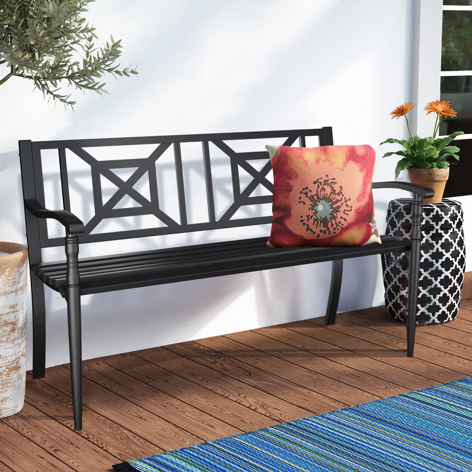Grand Patio Outdoor Bench - Black Weather-Resistant Garden Bench with Anti-Rust Steel Frame - Perfect for Front Porch, Backyard, Park & Patio Seating