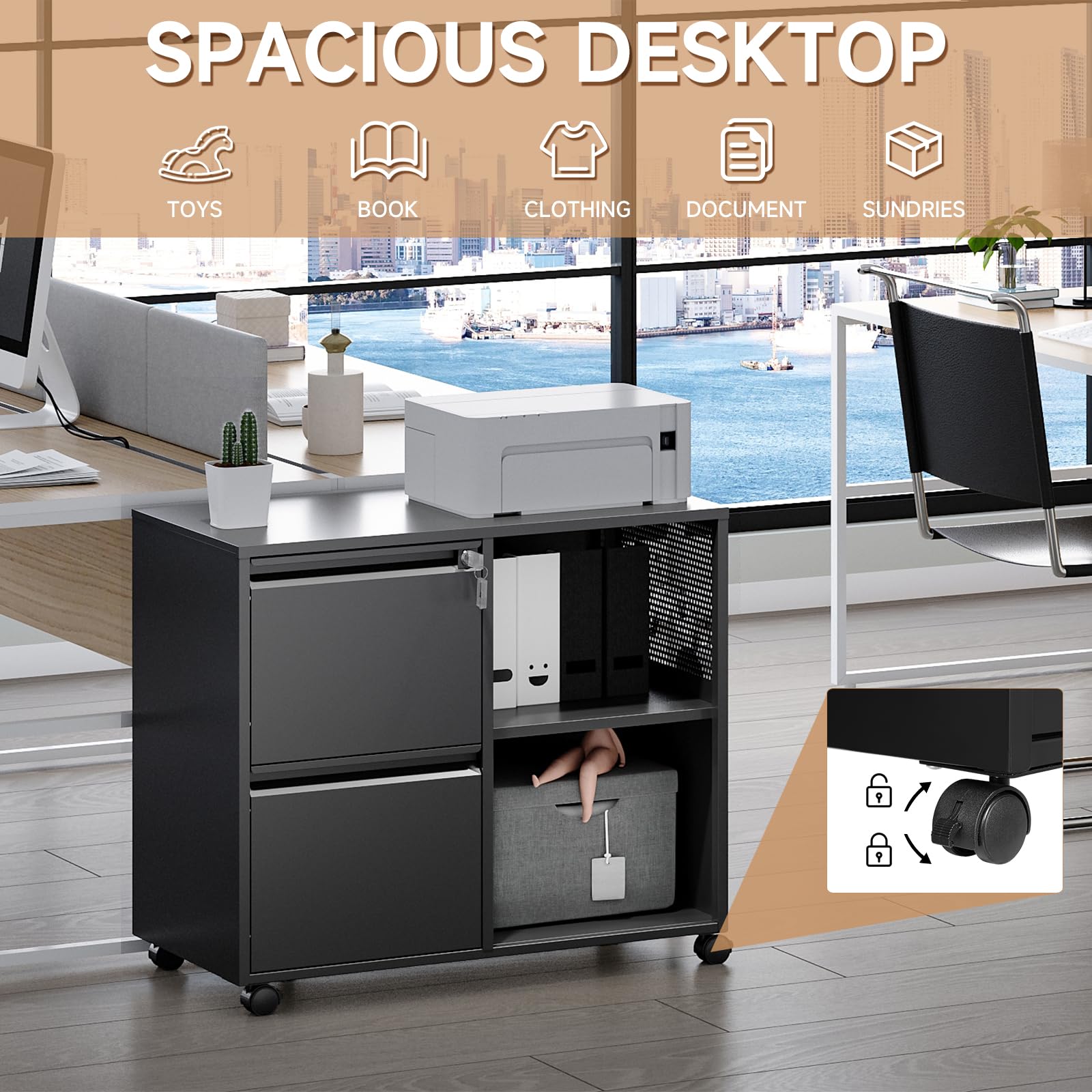 2-Drawer Mobile File Cabinet with Lock - Adjustable Shelves for Letter, A4 & Legal Size Documents - Black Lateral Filing Cabinet for Home Office Organization - Perfect for Small Spaces & Shared Workspaces
