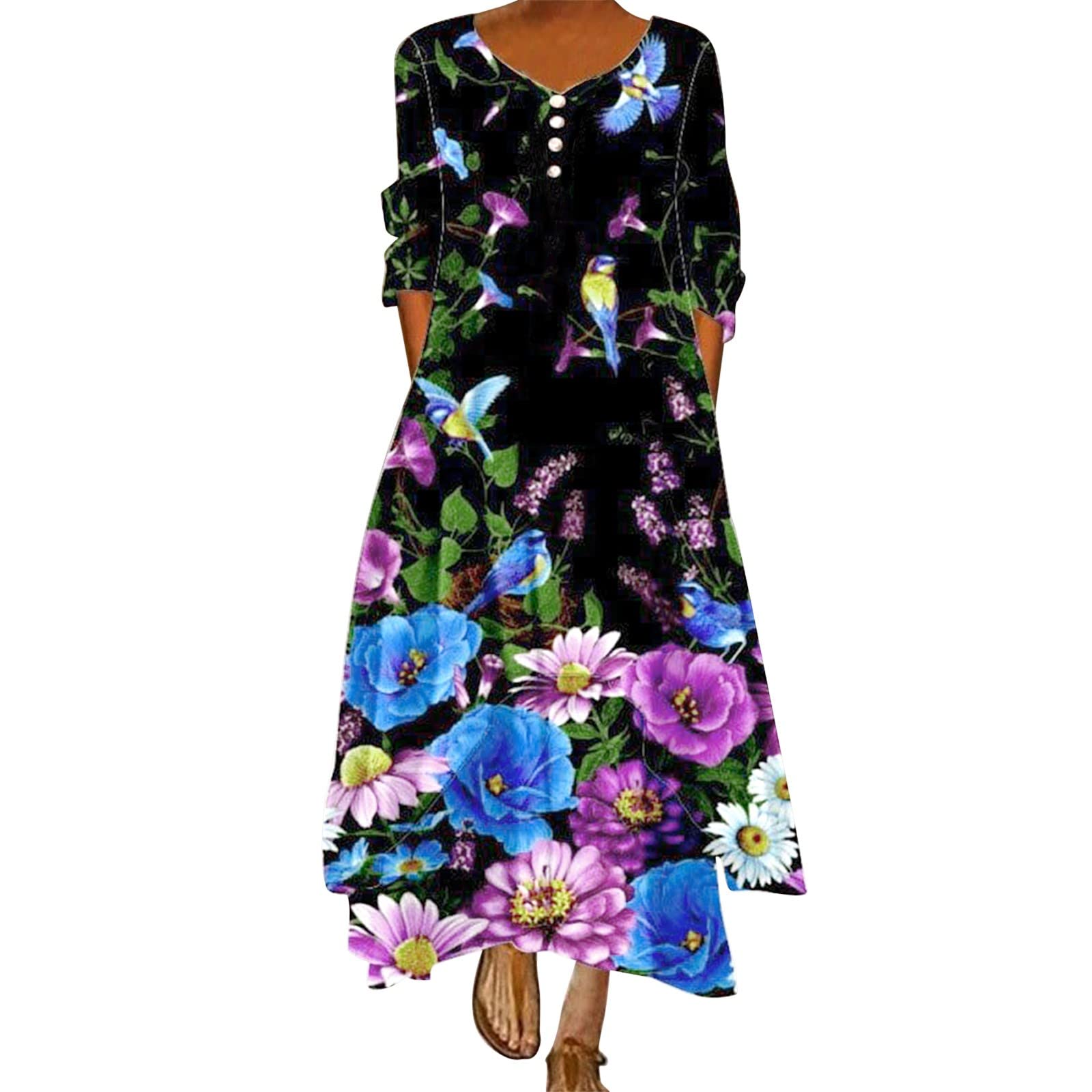 SPORTTINstm Women's Long Sleeve Maxi Dress - Asymmetrical Hem Button Down V-Neck Flowy A-Line Casual Dress for Everyday Wear, Office & Date Night