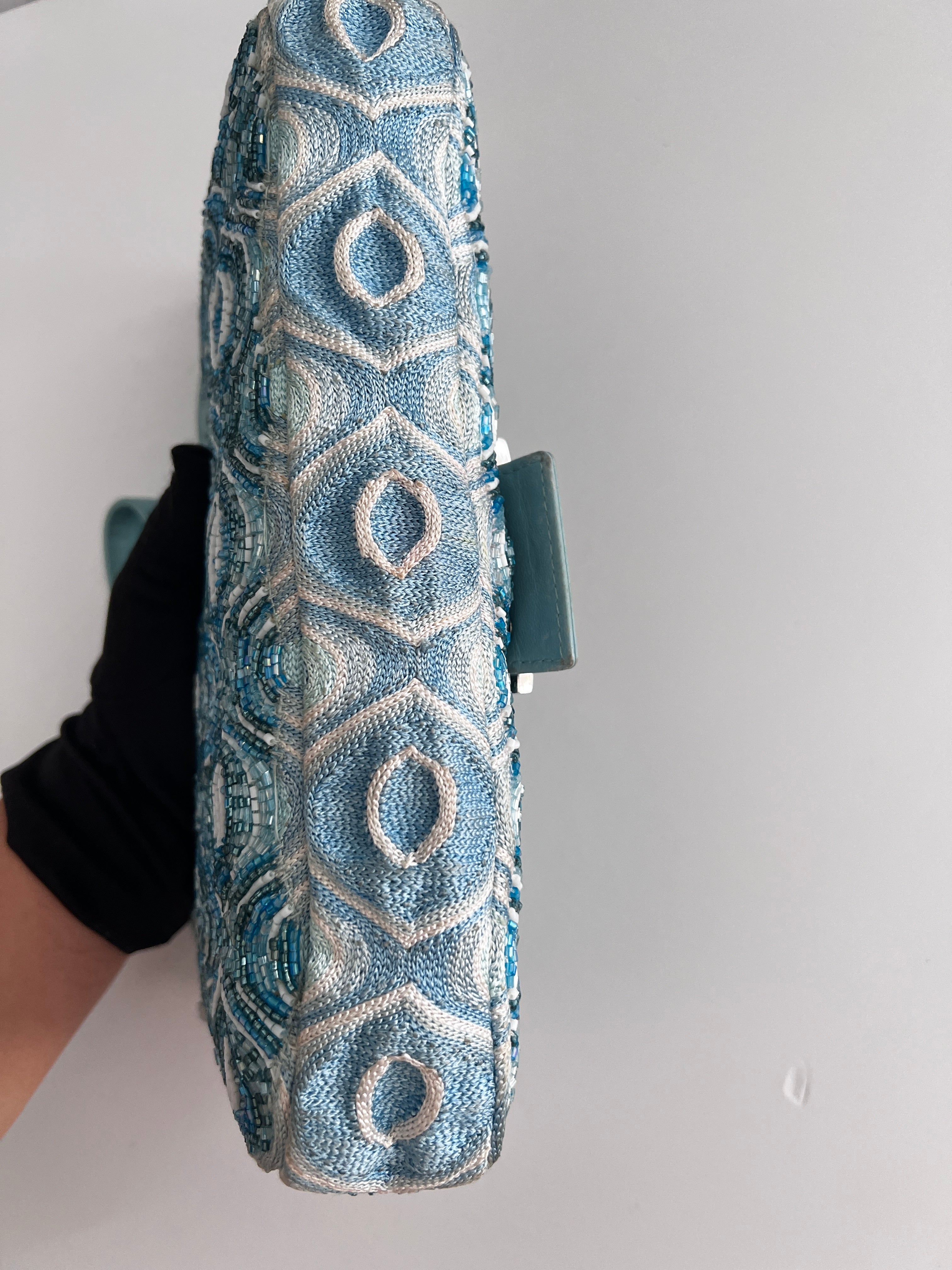 Fendi Light Blue Wave Pattern Beaded Baguette Bag - Luxury Designer Crossbody Purse for Women, Perfect for Parties, Weddings & Evening Events
