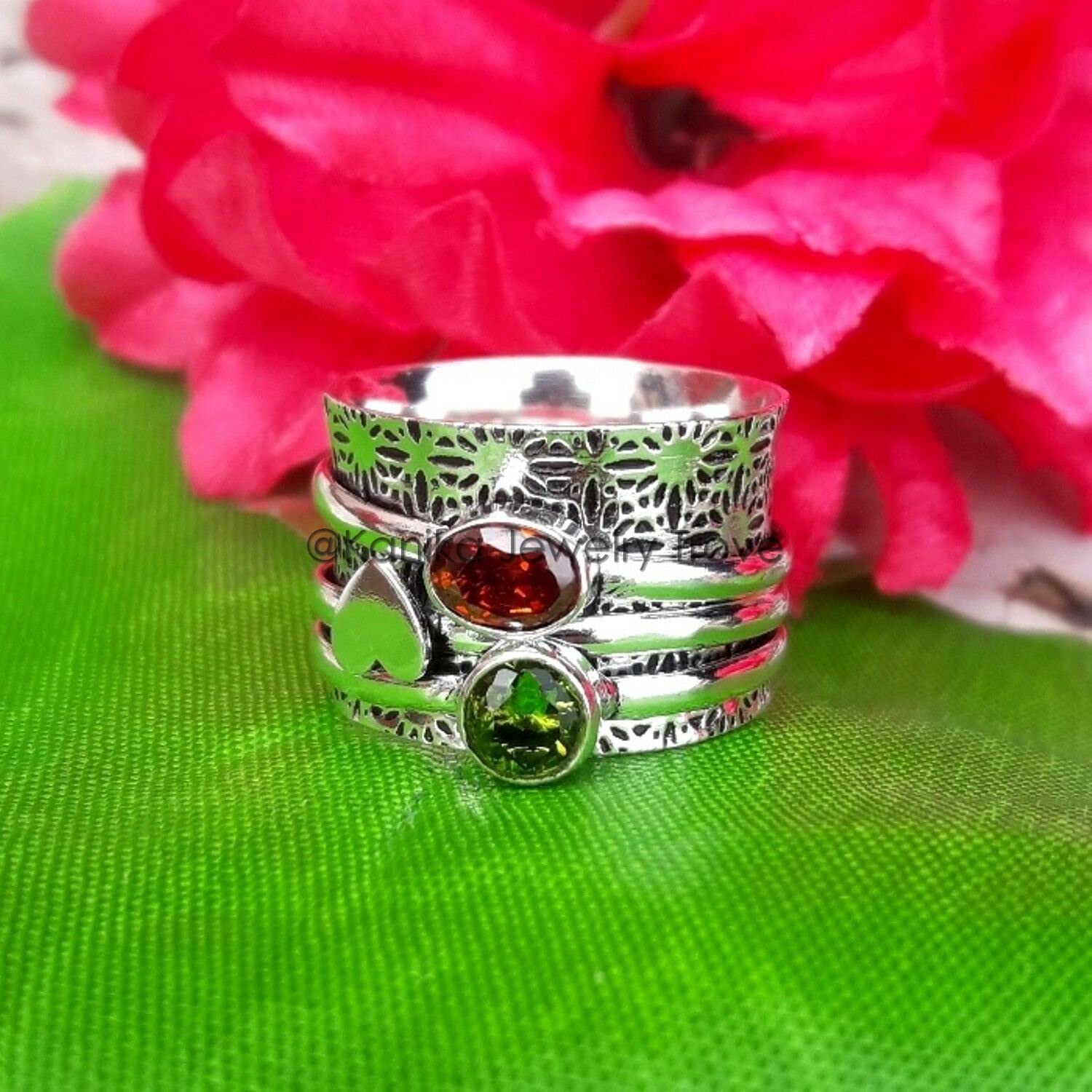 Peridot & Garnet Spinner Ring for Women - Sterling Silver Anxiety Relief Ring with Oxidized Heart Design, Adjustable Spinning Band for Stress Relief - Perfect Mother's Day Gift Jewelry (Size 7) | Great for Meditation, Fidgeting & Everyday Wear