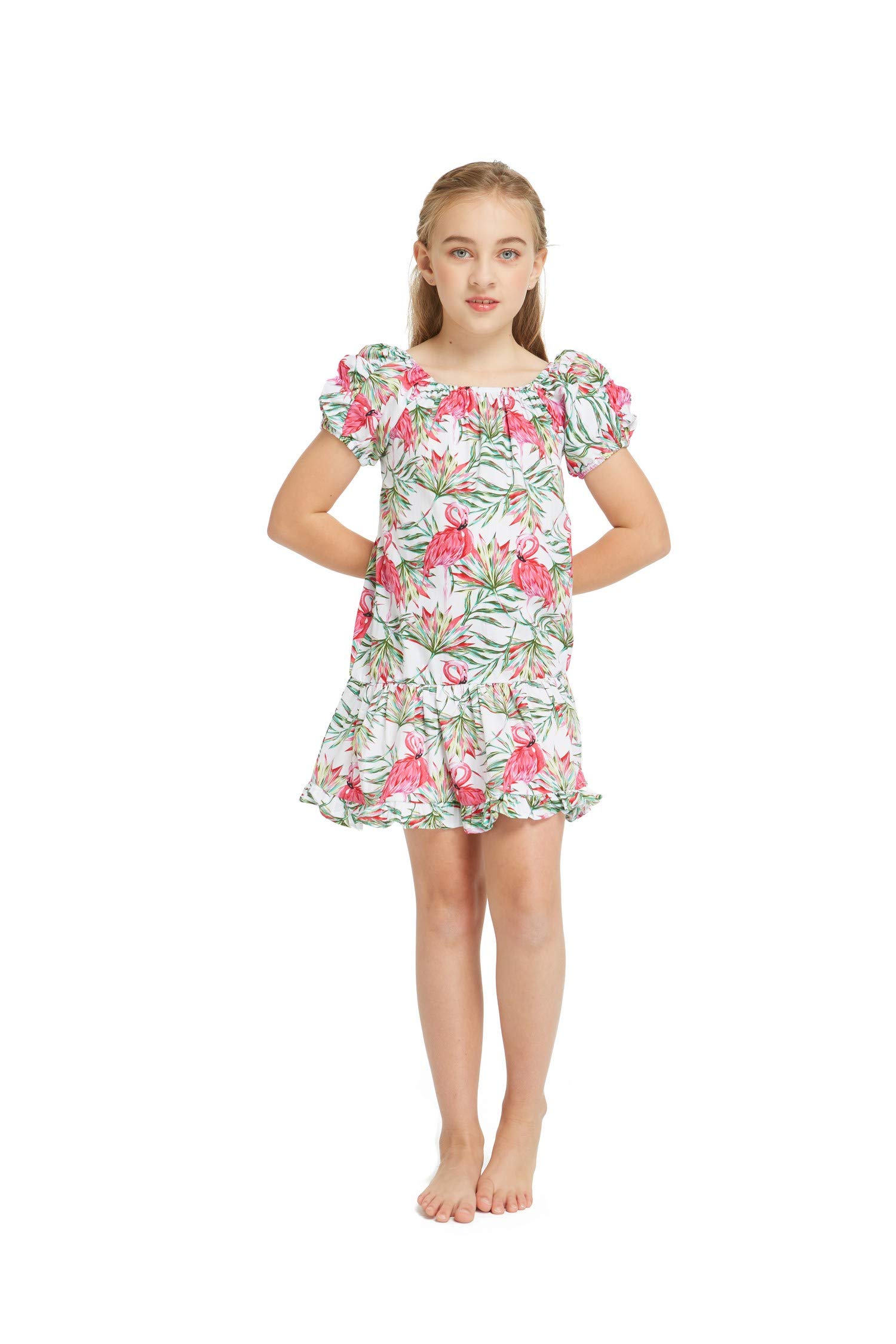 Father Daughter Matching Hawaiian Dance Shirts - Floral Muumuu Dresses with Love Flamingo Print for Luau Party & Family Vacation Outfits