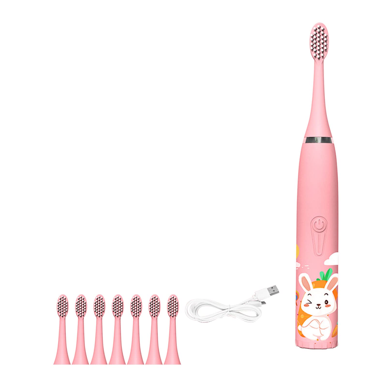 Kids Sonic Electric Toothbrush with 8 Brush Heads - USB Rechargeable Ultrasonic Toothbrush for Children, Soft Bristles & Small Brush Head (Pink Rabbit Design) - Perfect for Gentle Teeth Cleaning & Oral Care at Home or Travel