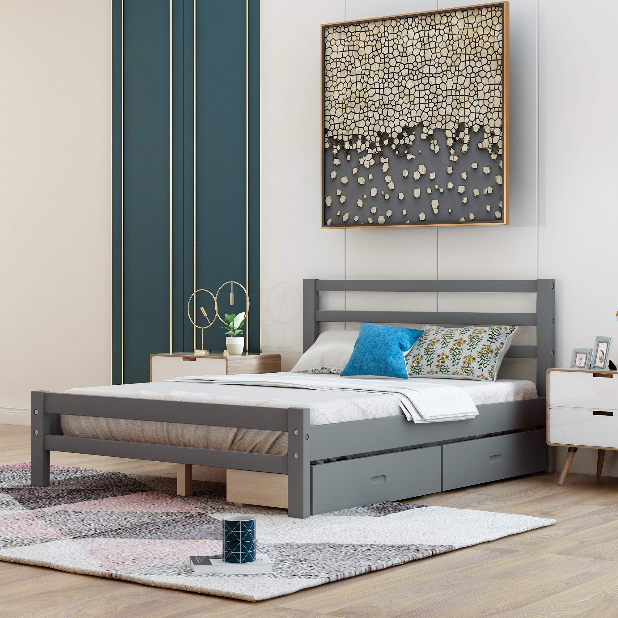 Merax Solid Wood Platform Bed Frame with Headboard, Footboard & 2 Storage Drawers - Full Size, Grey - Perfect for Small Bedrooms & Guest Rooms with Limited Space