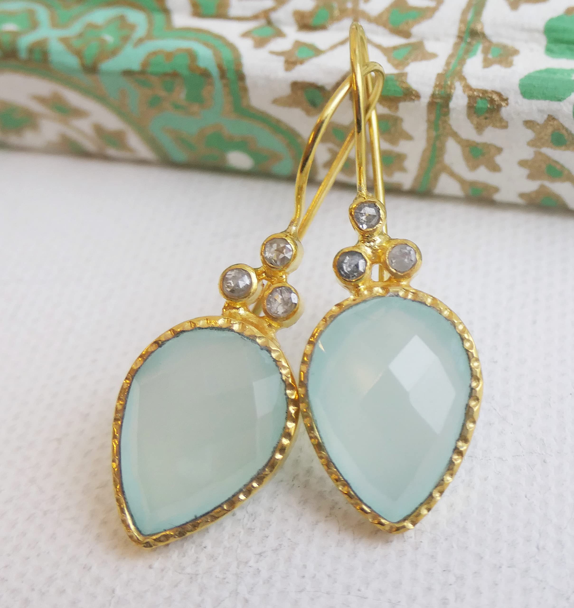 Aqua Chalcedony & Diamond Gold Plated Sterling Silver Earrings for Women - Natural Gemstone Jewelry - Handmade Gift for Birthday, Valentine's Day, Mother's Day - Elegant Statement Earrings for Parties, Weddings & Special Occasions