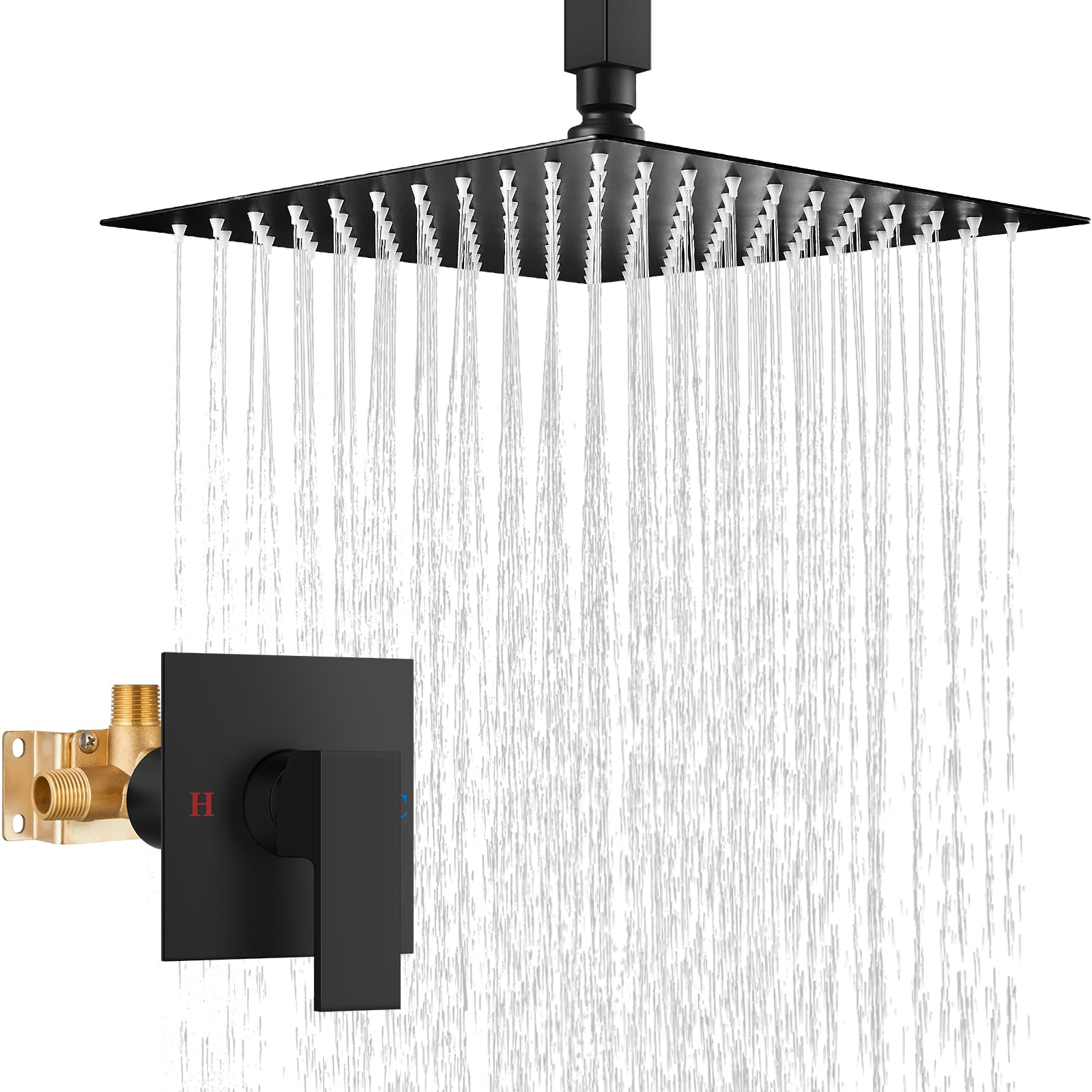 Airuida Matte Black 12 Inch Square Rainfall Shower System - Single Function Ceiling Mount Shower Faucet Set with Handle & Rough-in Valve (Male Threads) - Perfect for Modern Bathroom Renovations & Spa-Like Shower Experience