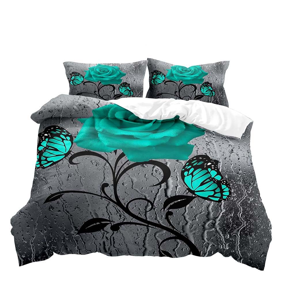 VIVIHOME 3-Piece Teal Rose Queen Duvet Cover Set with Grey Floral Butterfly Design - Modern Turquoise Bedding for Women's Bedroom Decor (Includes 2 Pillowcases) - Perfect for Master Bedroom, Guest Room & Cozy Home Decor