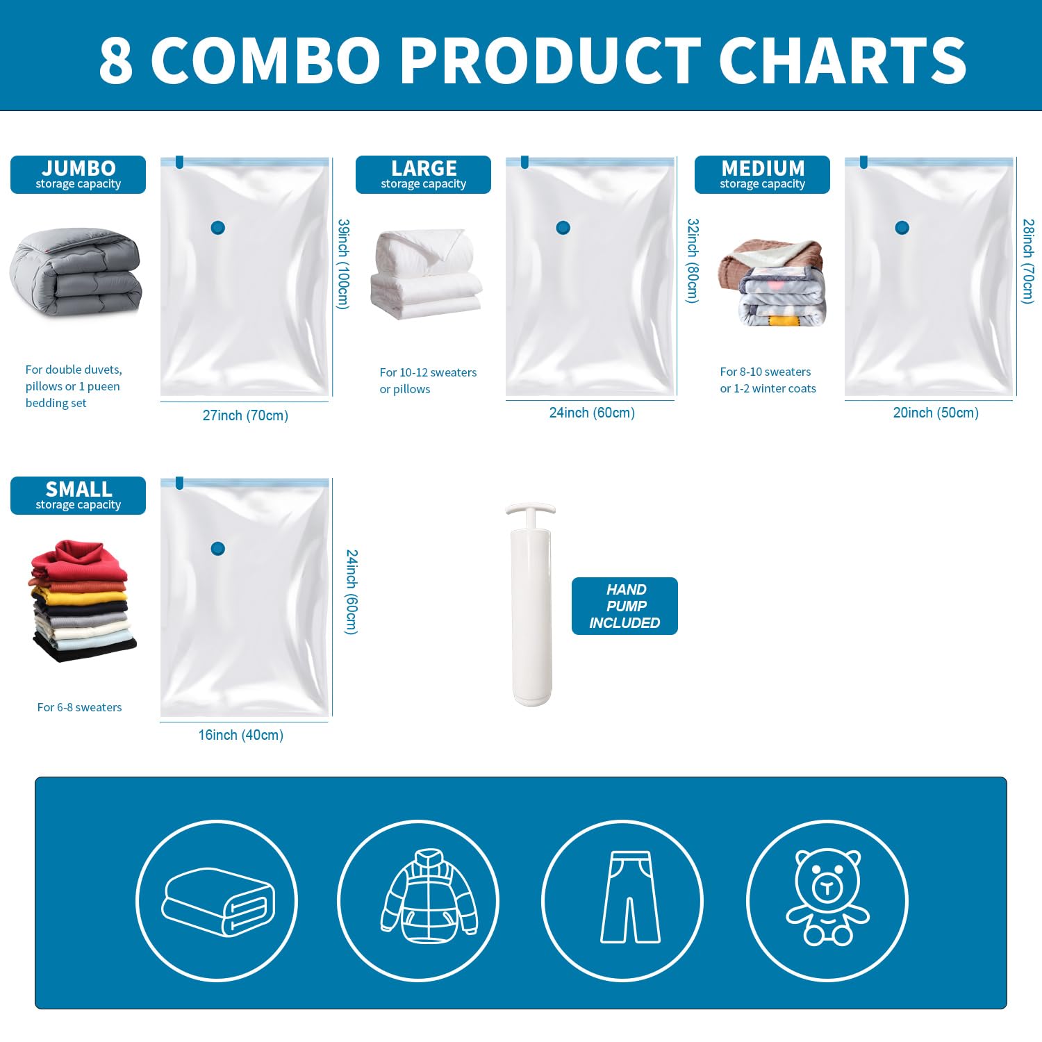 Vacuum Compression Storage Bags - Space Saving Clothes Organizer with Hand Pump for Travel (8 Pack: 2 Small, 2 Medium, 2 Large, 2 Jumbo) - Perfect for Clothes, Comforters, Blankets, Bedding & Duvets | Ideal for Home Organization, Seasonal Storage & Travel Packing